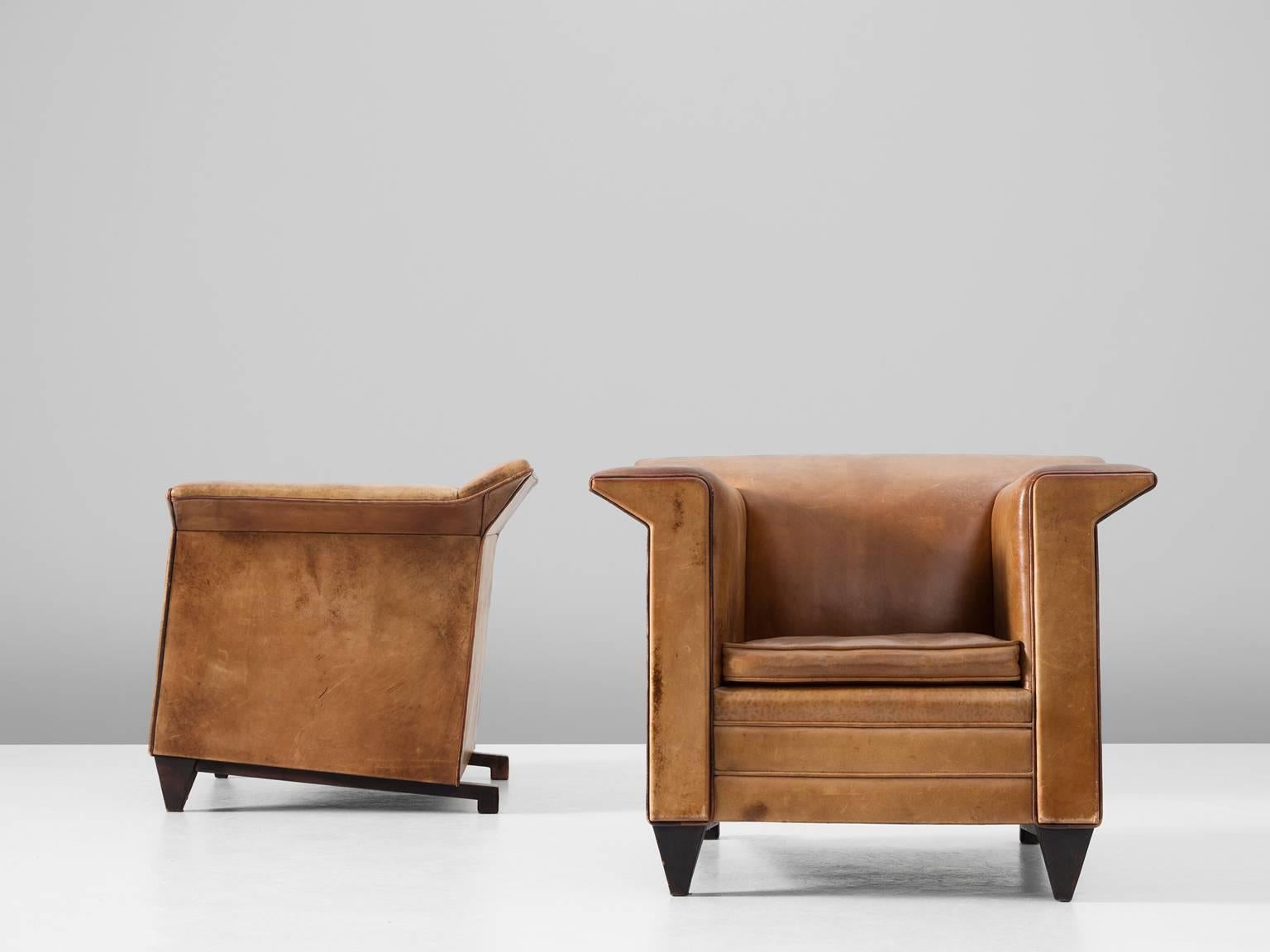 Mid-Century Modern Pair of Cubistic Armchairs in Cognac Leather