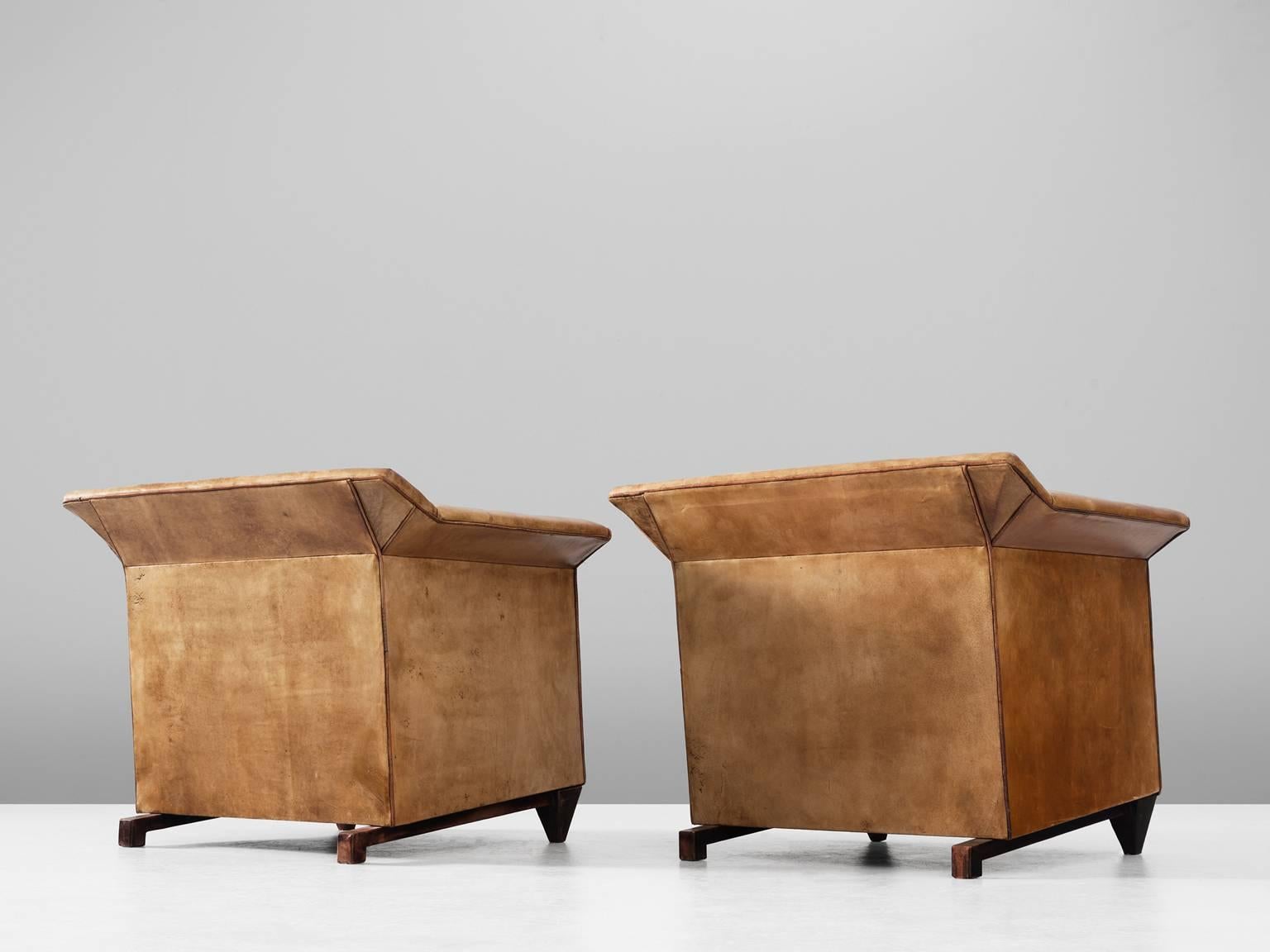 Pair of Cubistic Armchairs in Cognac Leather In Good Condition In Waalwijk, NL