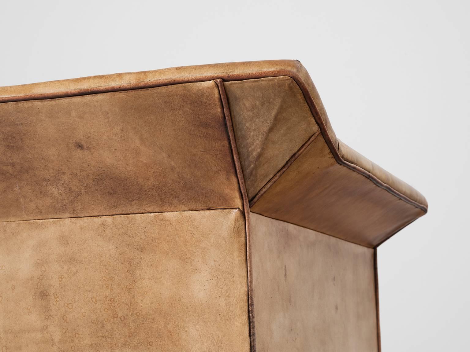 Mid-20th Century Pair of Cubistic Armchairs in Cognac Leather