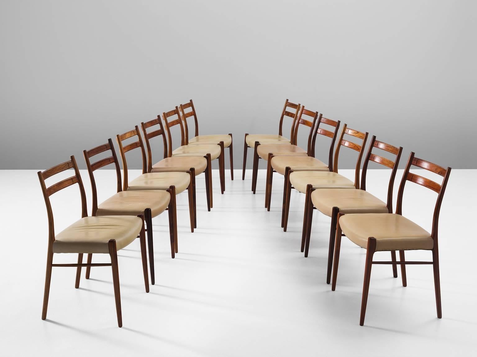 Mid-Century Modern Arne Wahl Iversen Set of 12 Dining Chairs in Rosewood and Leather