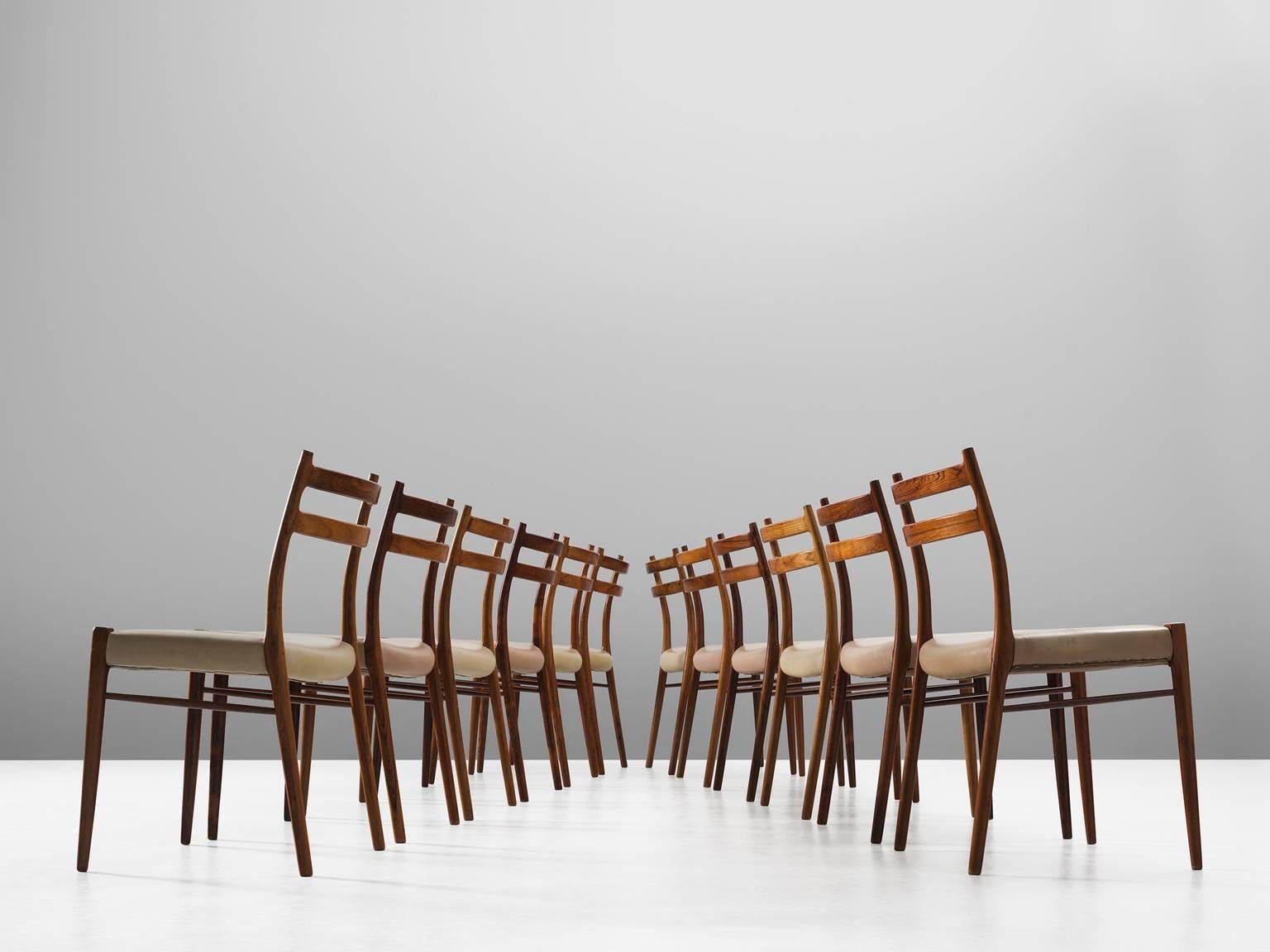 Danish Arne Wahl Iversen Set of 12 Dining Chairs in Rosewood and Leather
