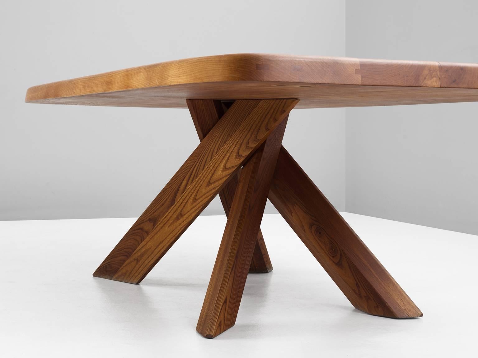 French Pierre Chapo Patinated Dining Table Model T35D in Solid Elm
