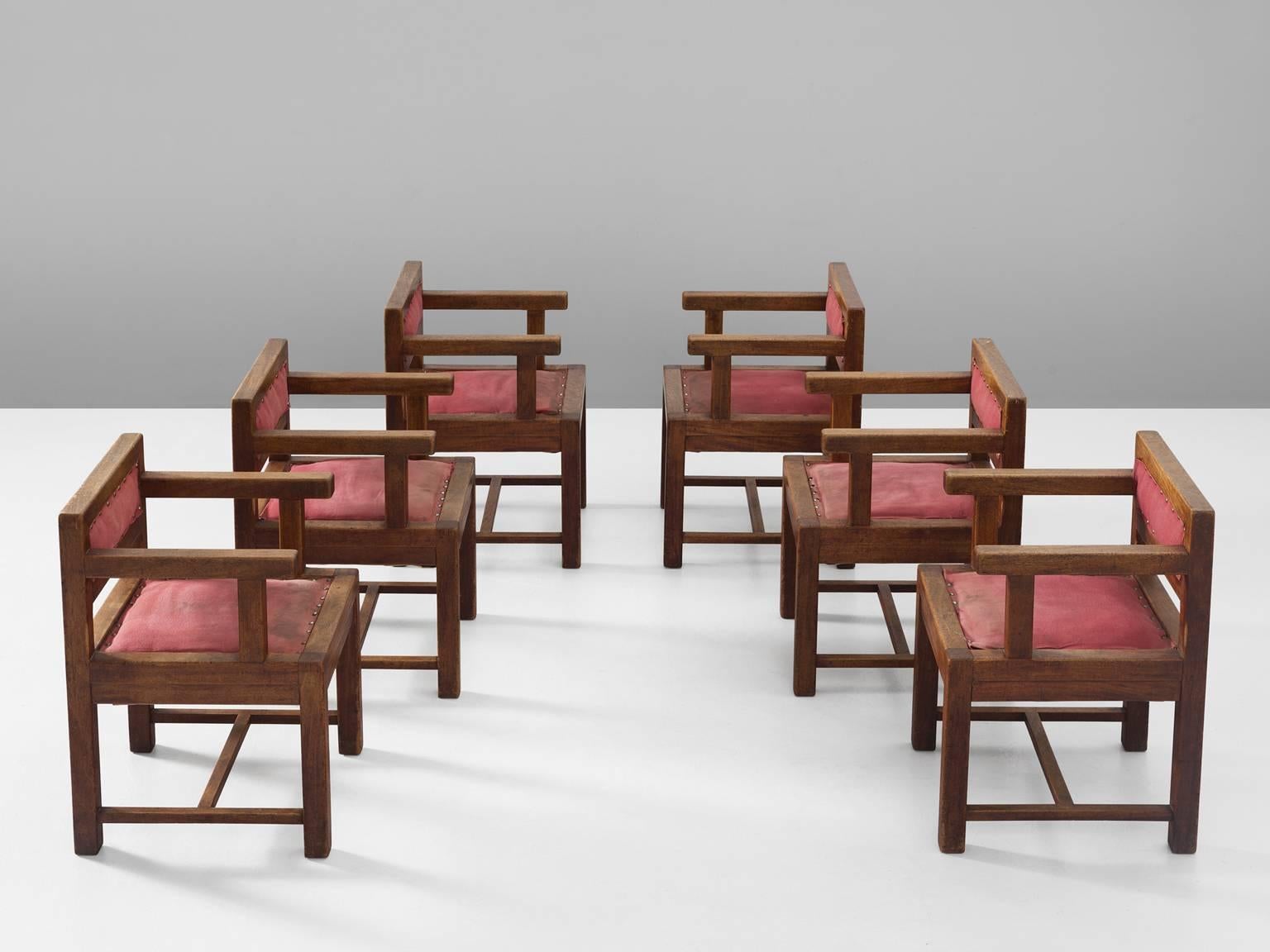Set of six armchairs, in mahogany and fabric, attributed to Sarah Lipska, France, 1930s.

Set of six cubic dining chairs in mahogany with red fabric upholstery. These chairs have a clear design of straight lines. No diagonals or curves, just