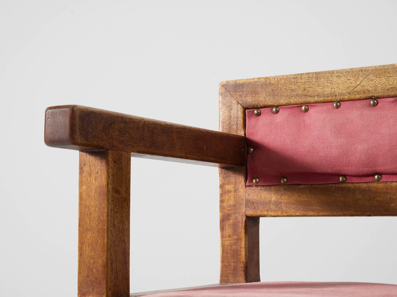 Mid-20th Century Set of Six Dining Chairs in Mahogany and Red Fabric Upholstery