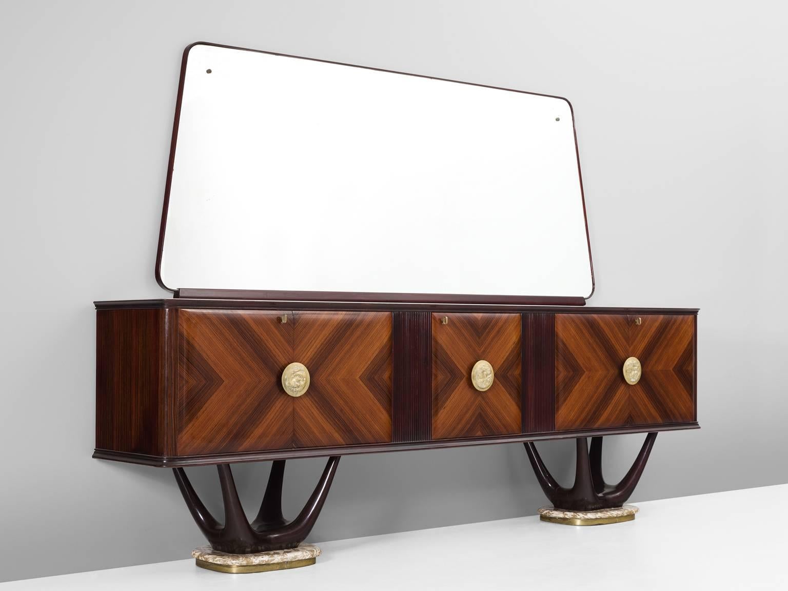 Sideboard, in mahogany, maple, marble, glass and brass for Fratelli Turri, Italy, 1950s.

Impressive credenza with large mirror in the style of Vittorio Dassi. The cabinet consist of a mahogany construction. The doors are made of rosewood veneer,