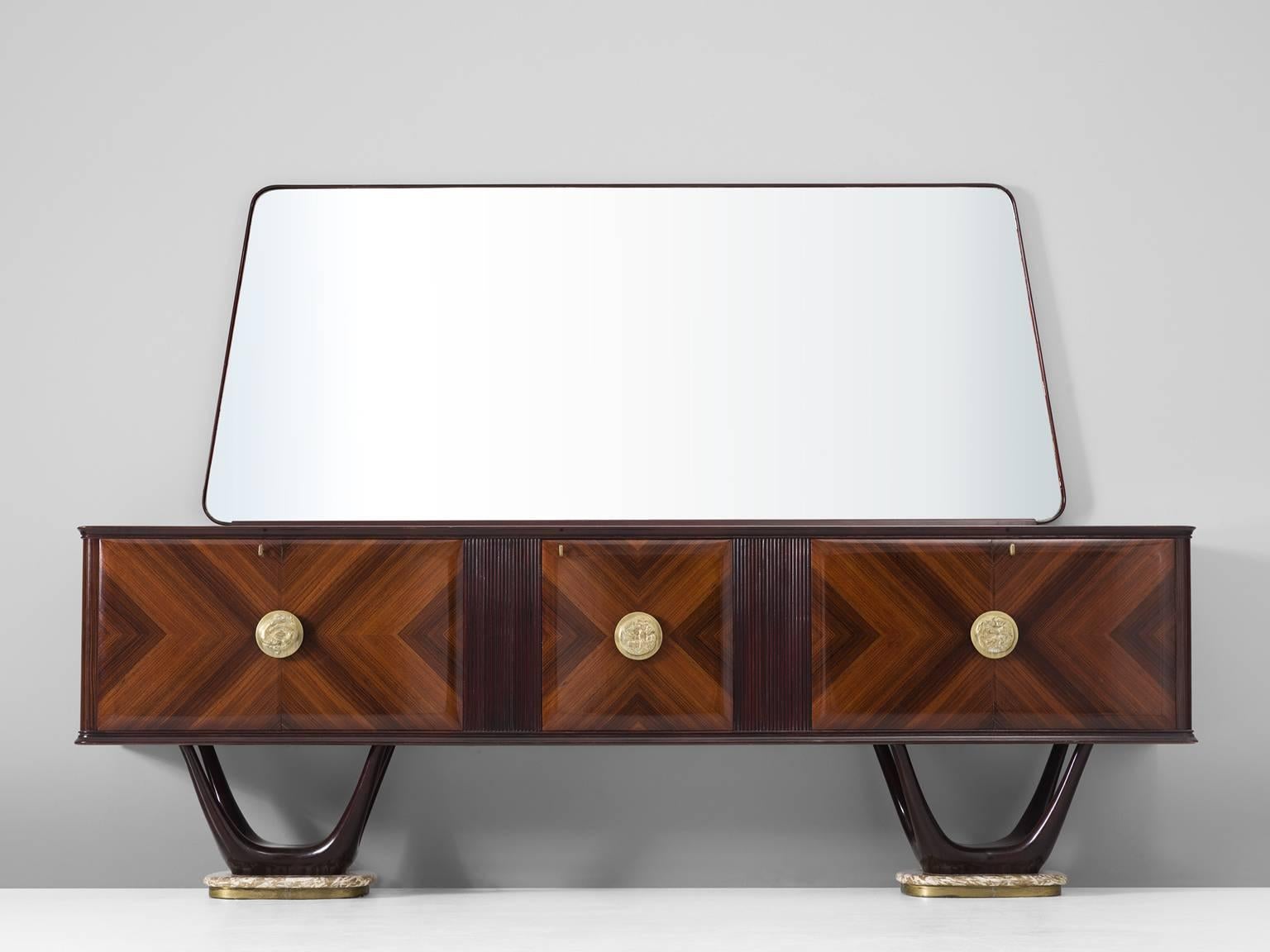 Mid-Century Modern Eccentric Italian Sideboard in Marble and Mahogany