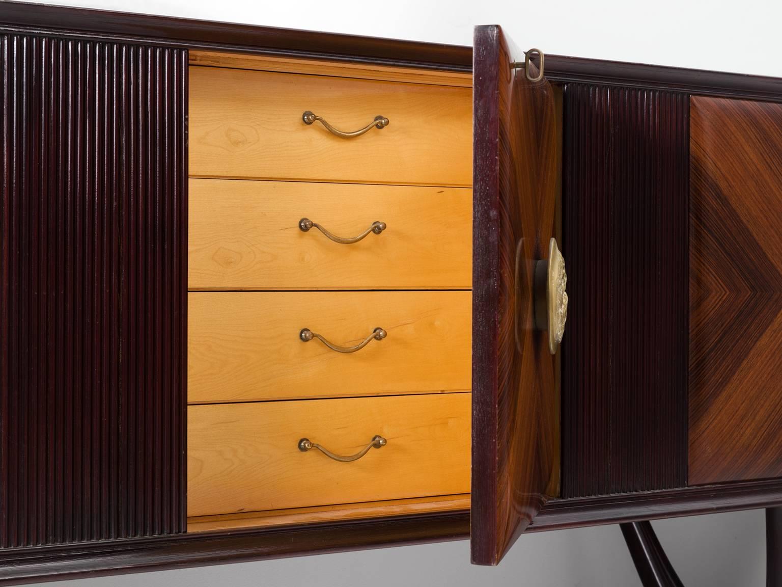 Brass Eccentric Italian Sideboard in Marble and Mahogany