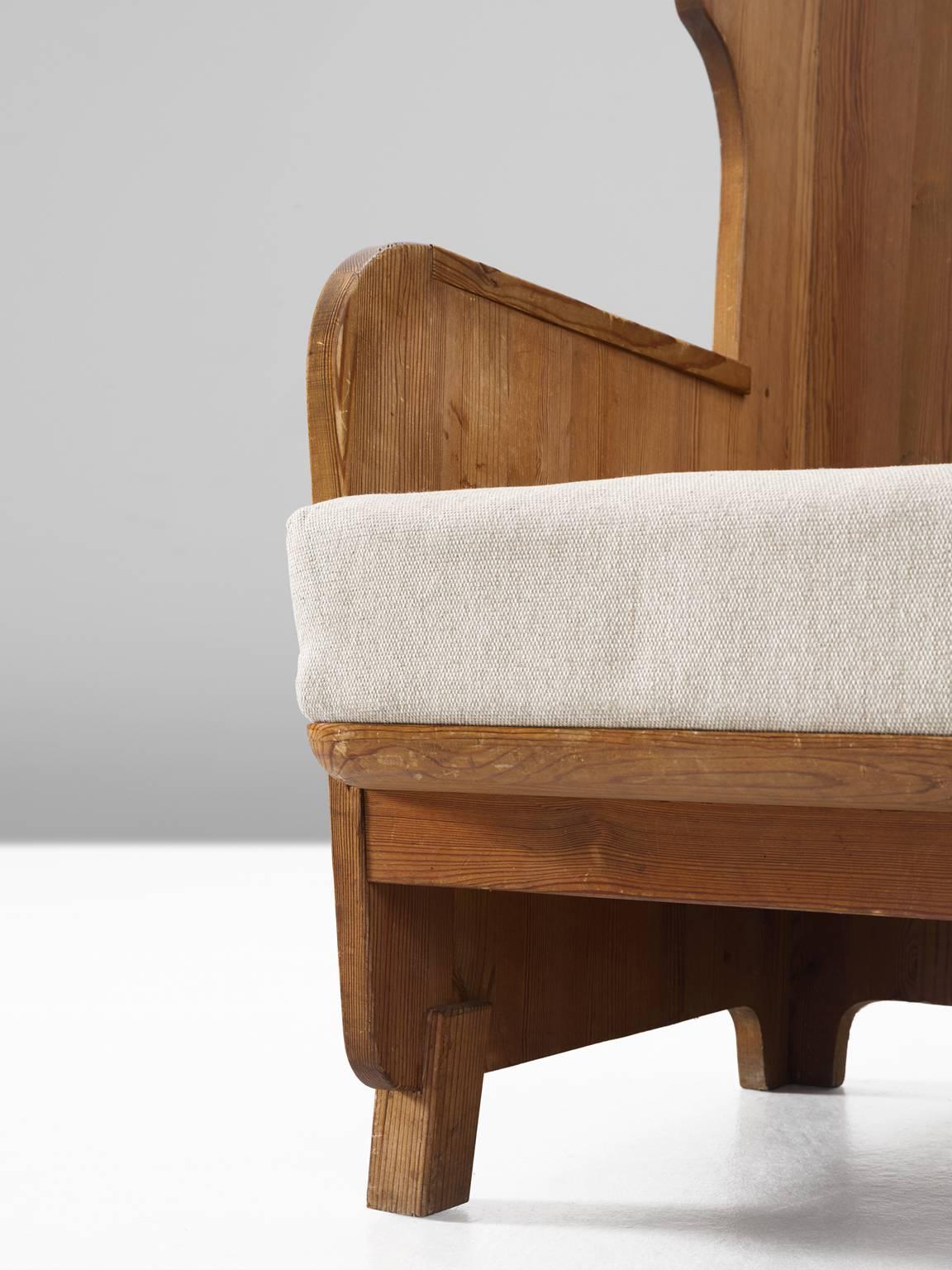 Fabric Axel Einar Hjorth 'Lovö' High Back Chair in Solid Pine