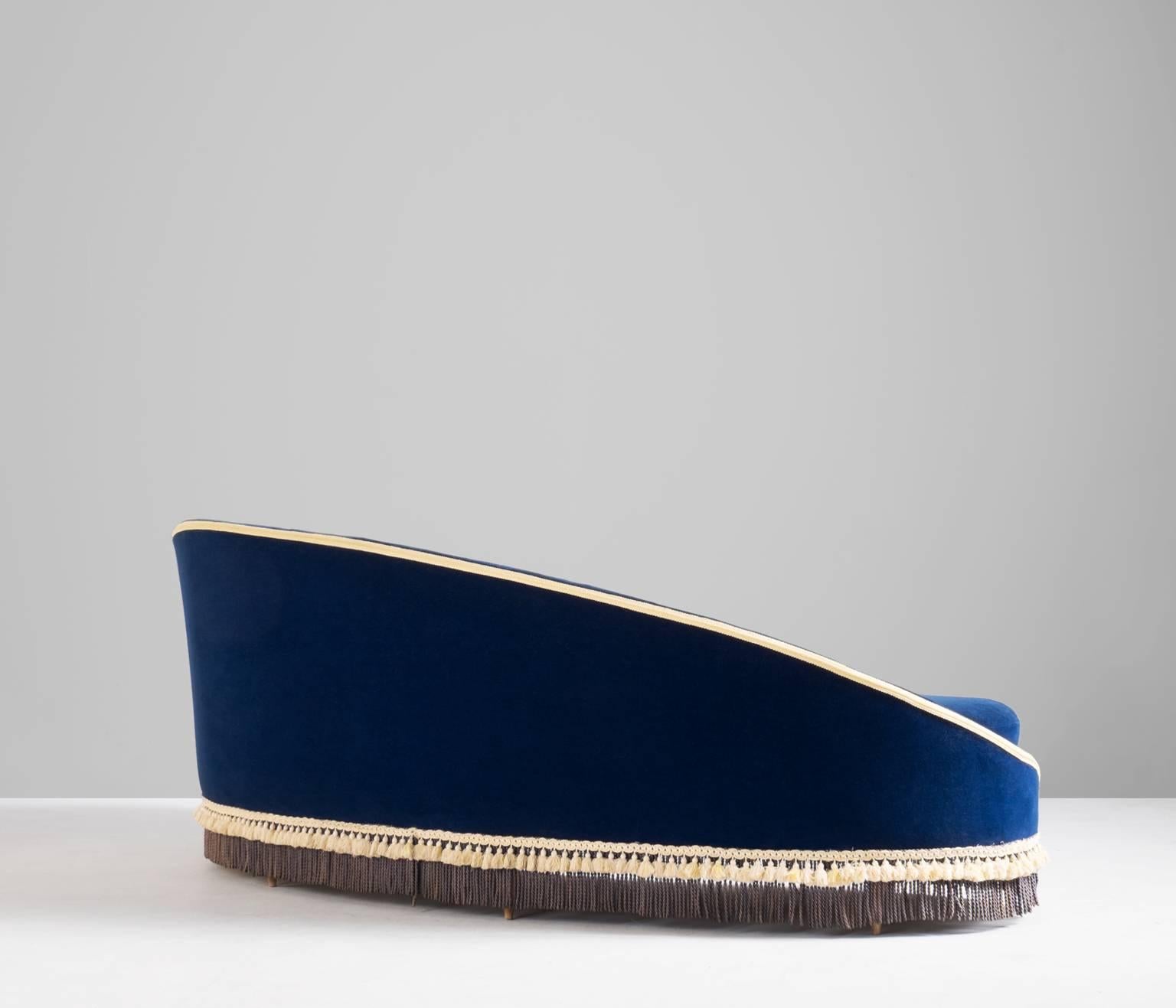 Italian Frederico Munari Curved Sofa in Blue Upholstery