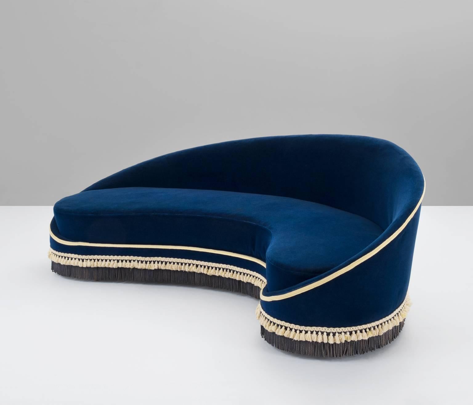 Mid-Century Modern Frederico Munari Curved Sofa in Blue Upholstery