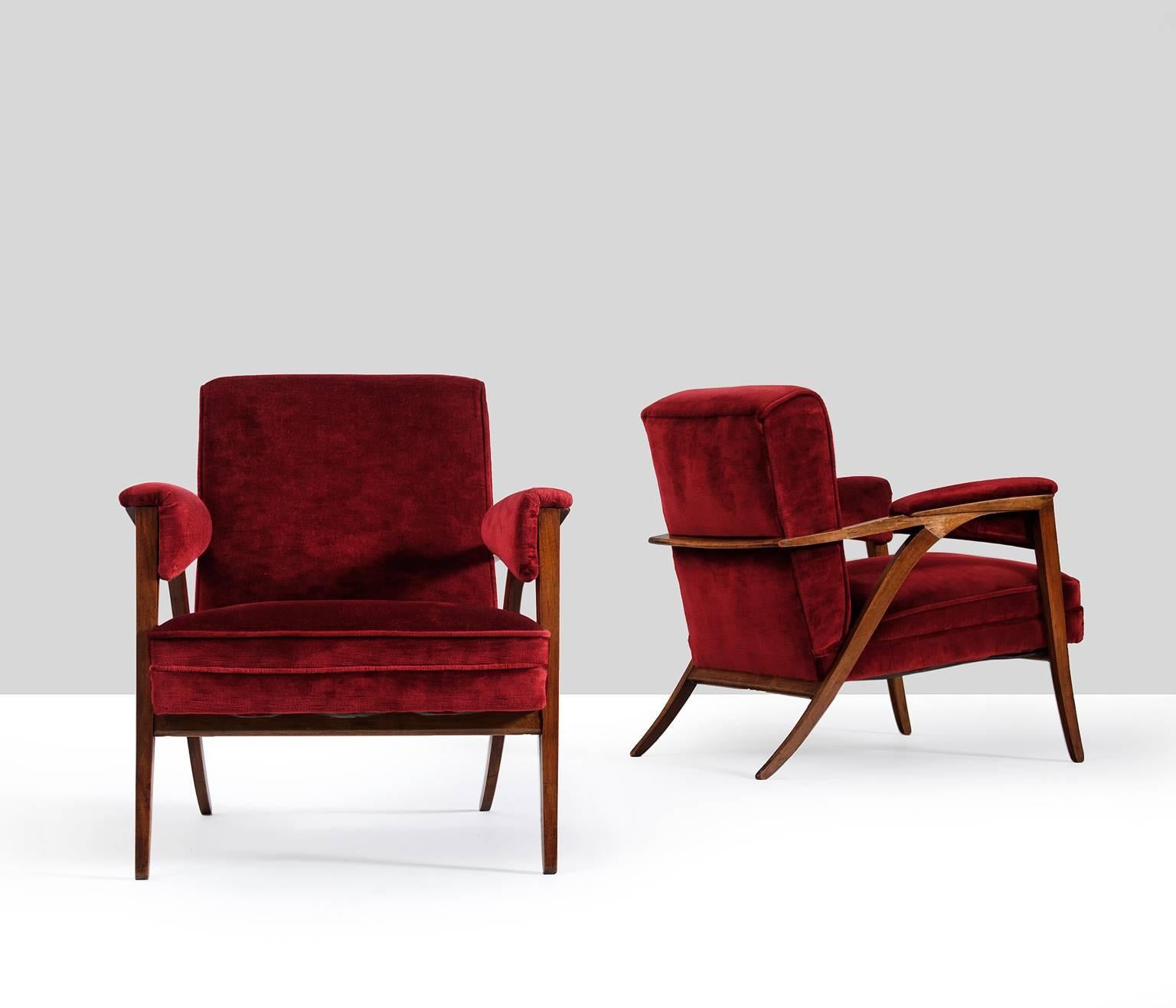 Mid-Century Modern Pair of Italian Armchairs in Red Velvet Upholstery