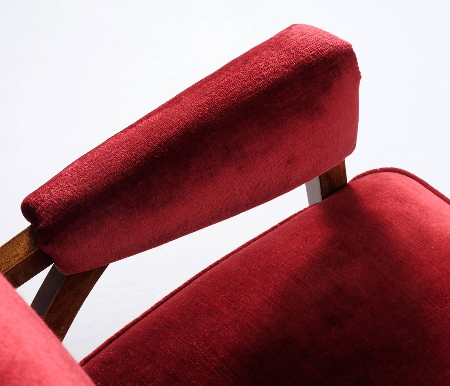 Fabric Pair of Italian Armchairs in Red Velvet Upholstery