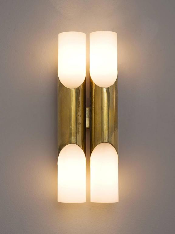Set of Six Brass and Opaline Glass Wall Lights For Sale at 1stDibs
