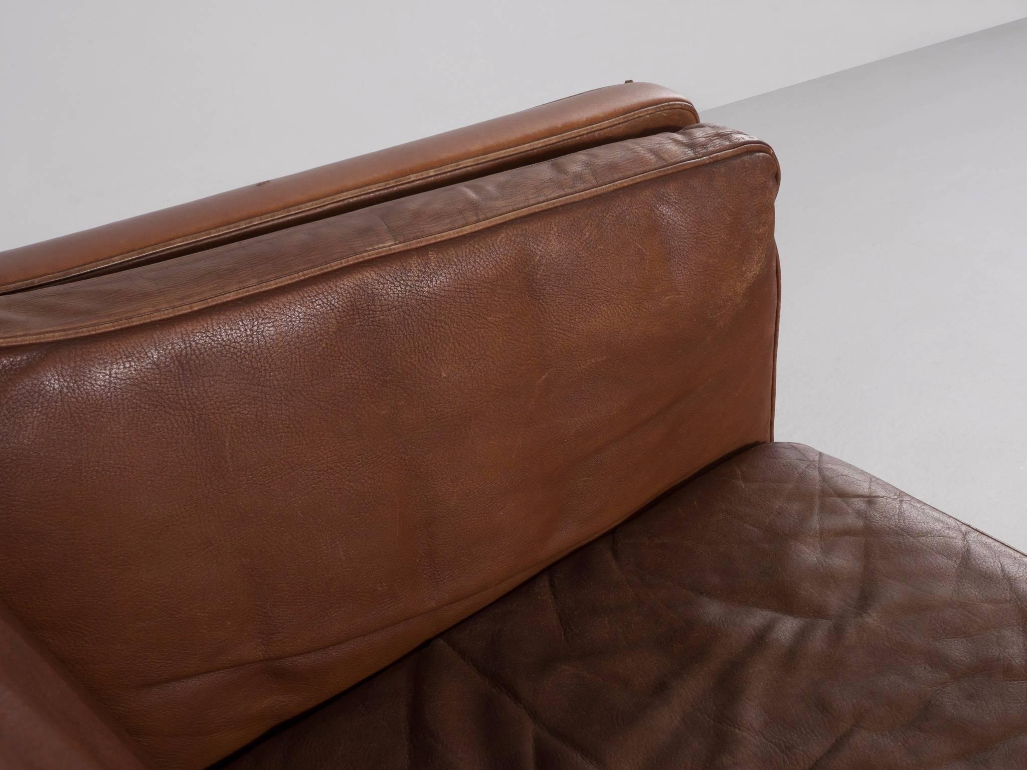 Danish Børge Mogensen Three-Seat Sofa in Brown Leather