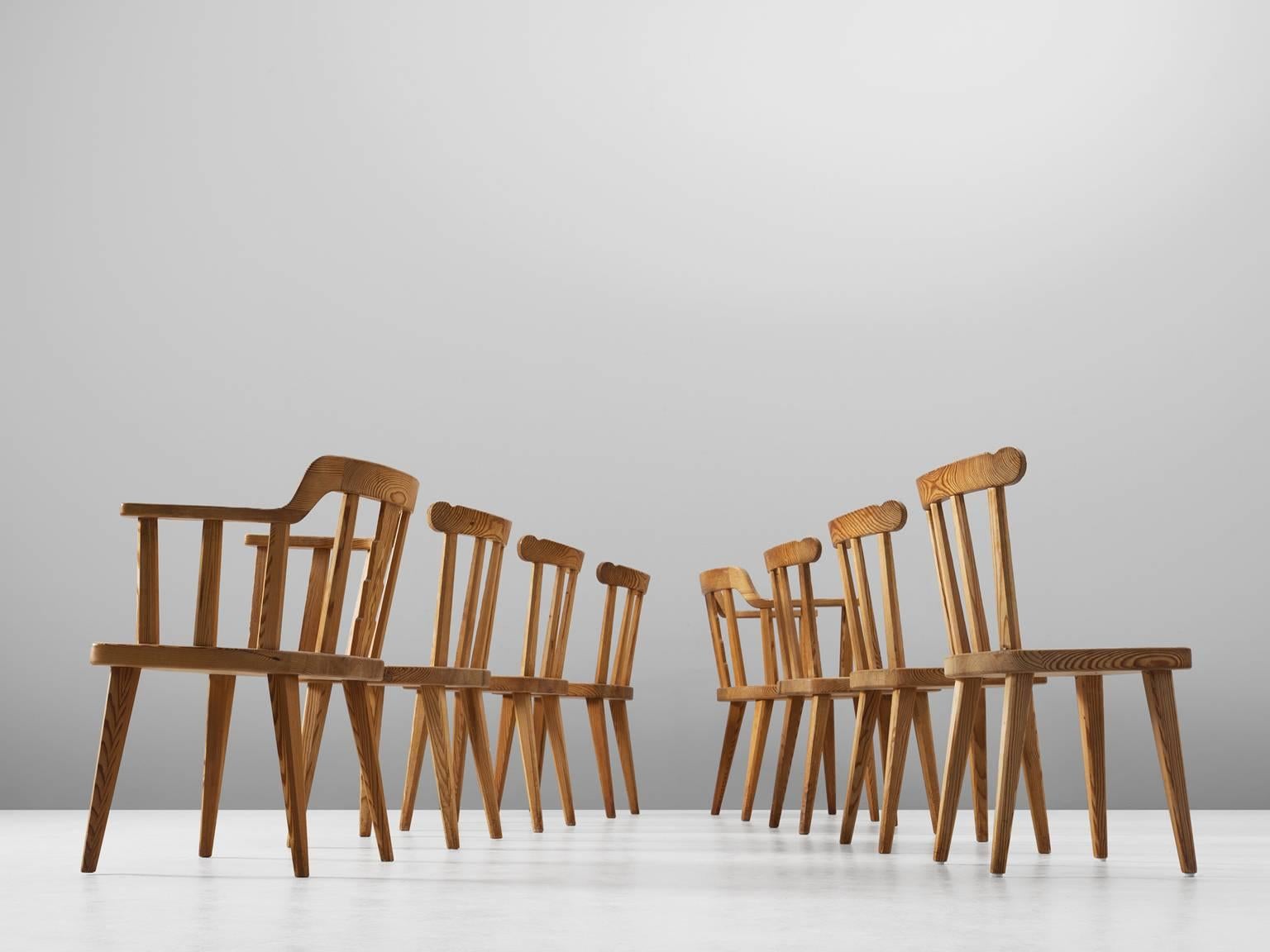 Swedish Set of Eight Dining Chairs in Pine