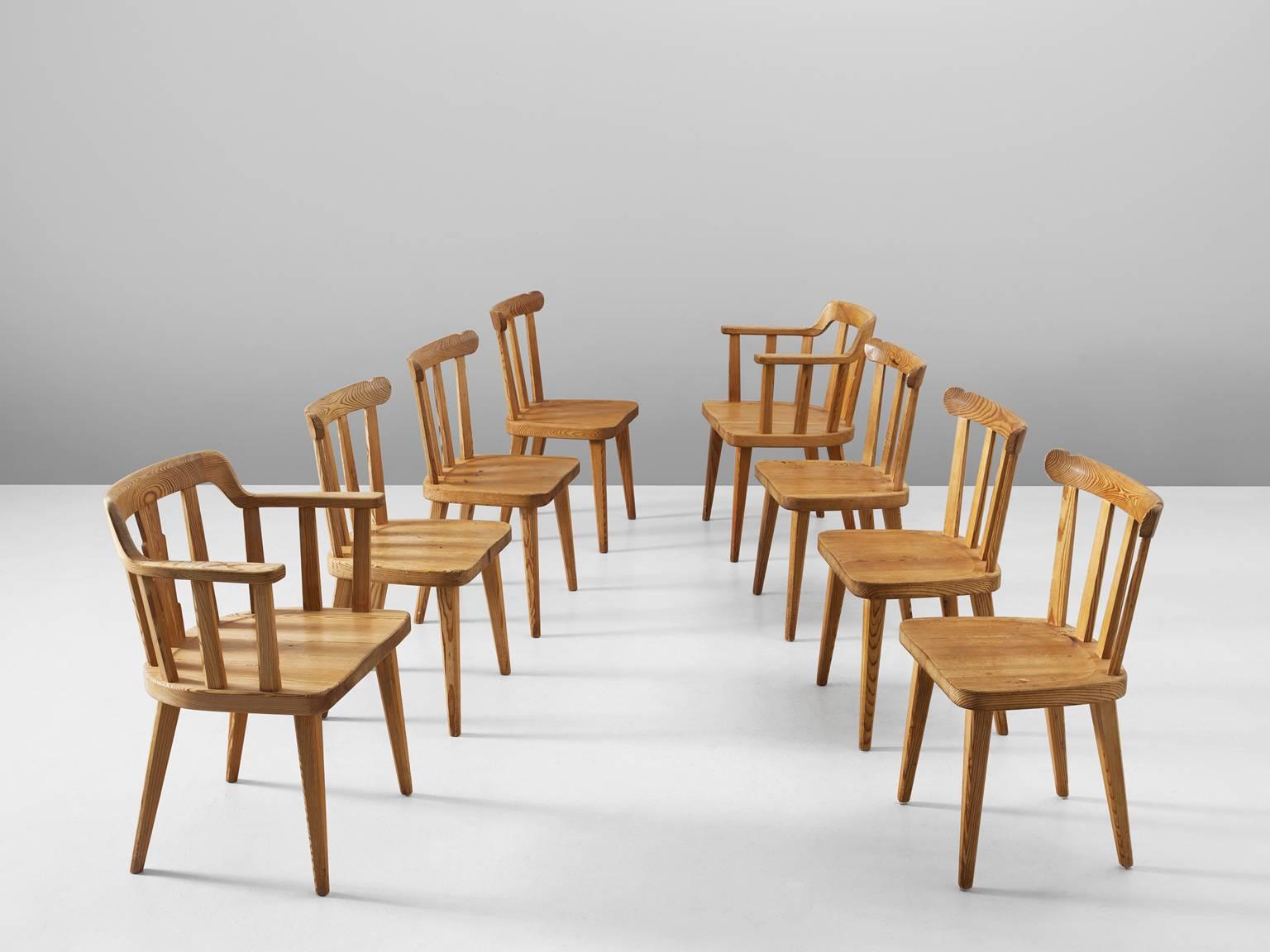 Scandinavian Modern Set of Eight Dining Chairs in Pine