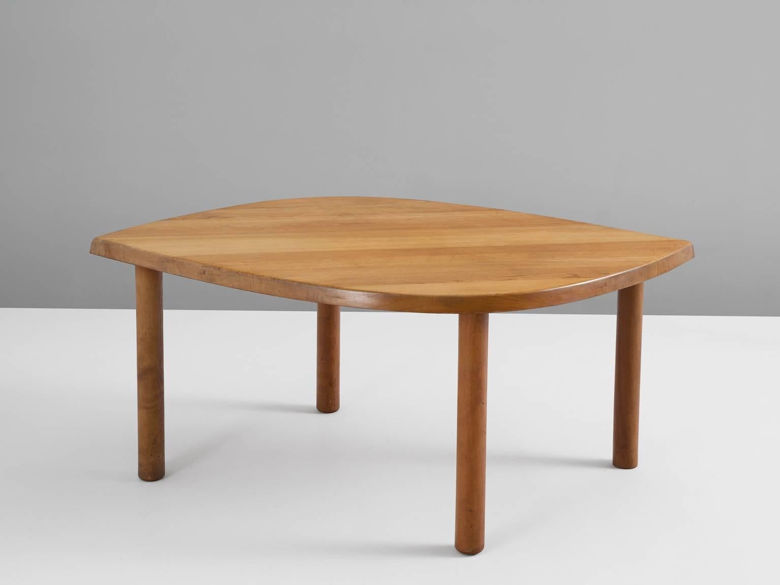 Table, in elm by Pierre Chapo, France, 1960s.

Rare high eye-table by French designer Pierre Chapo. This center table has a top in the shape of an eye or a leaf. Supported by four cylindrical legs of solid elm. Characteristic wood-joints are