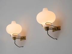 Bent Karlby Set of Two Opaline Glass and Brass Wall Lights