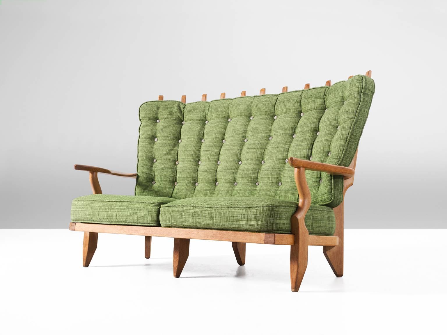 Mid-Century Modern Guillerme et Chambron Solid Oak Sofa with Green Fabric Upholstery