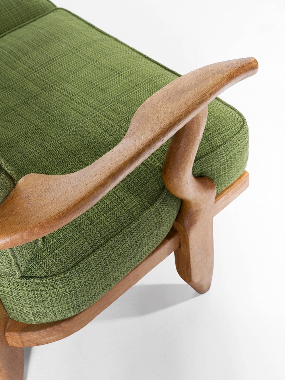 Guillerme et Chambron Solid Oak Sofa with Green Fabric Upholstery 1