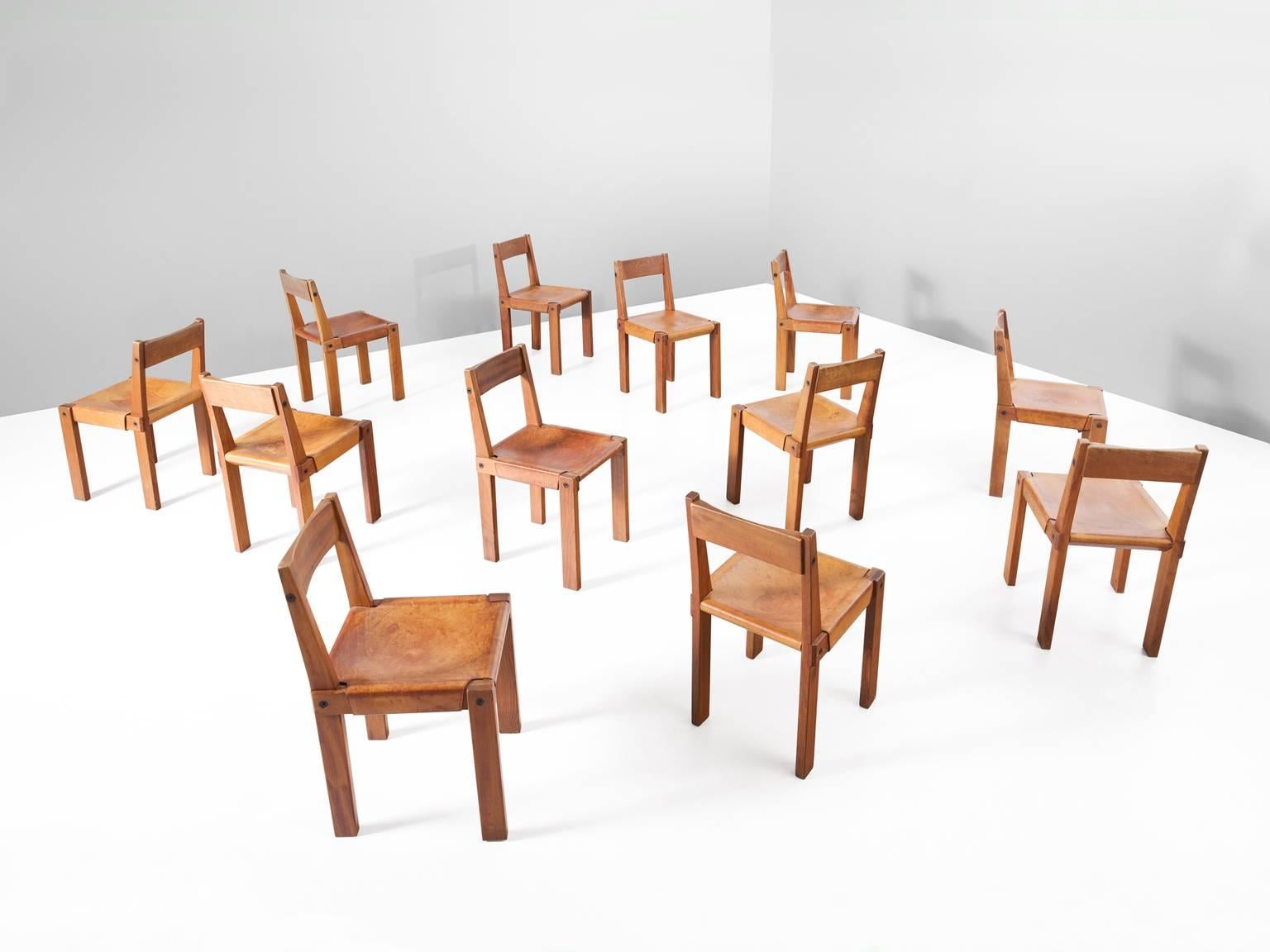 Mid-Century Modern Pierre Chapo Set of 12 'S24' Dining Chairs in Elm and Patinated Cognac Leather
