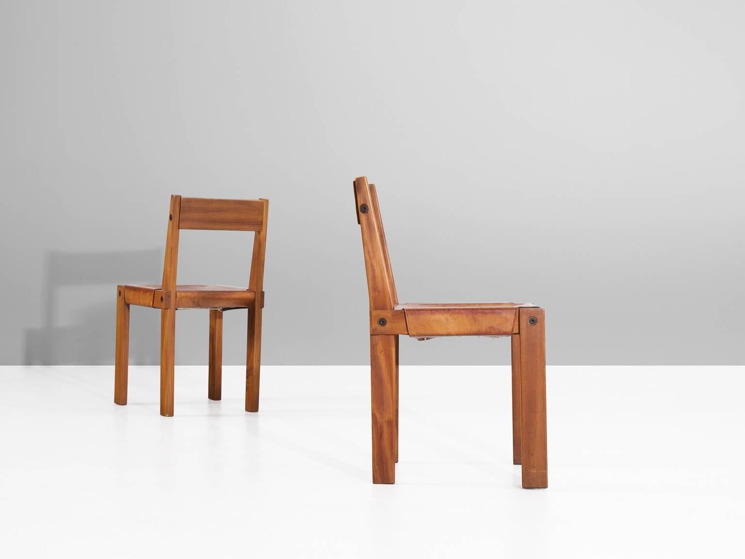 Pierre Chapo Set of 12 'S24' Dining Chairs in Elm and Patinated Cognac Leather In Good Condition In Waalwijk, NL