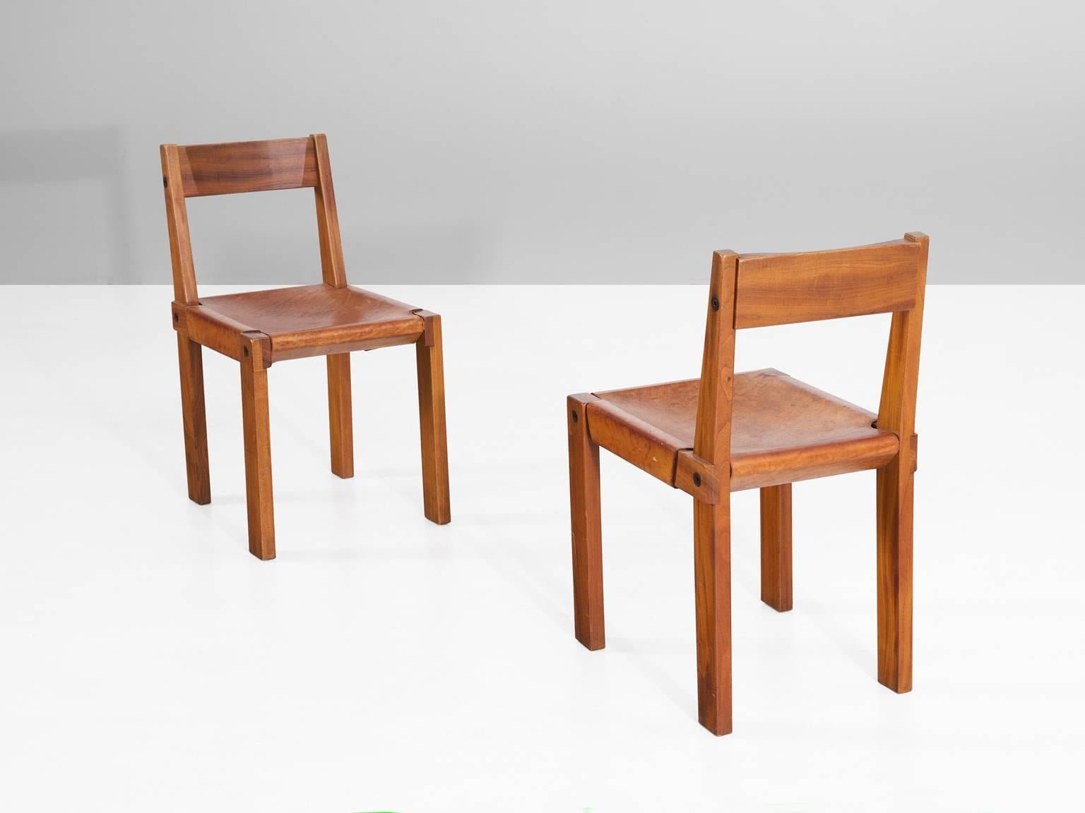Pierre Chapo Set of 12 'S24' Dining Chairs in Elm and Patinated Cognac Leather 2