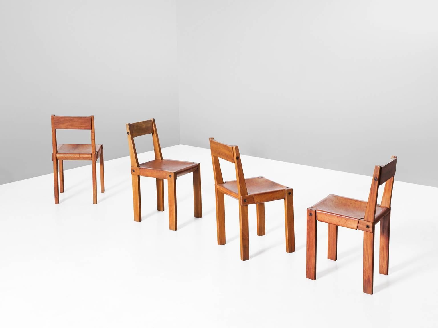 French Pierre Chapo Set of 12 'S24' Dining Chairs in Elm and Patinated Cognac Leather