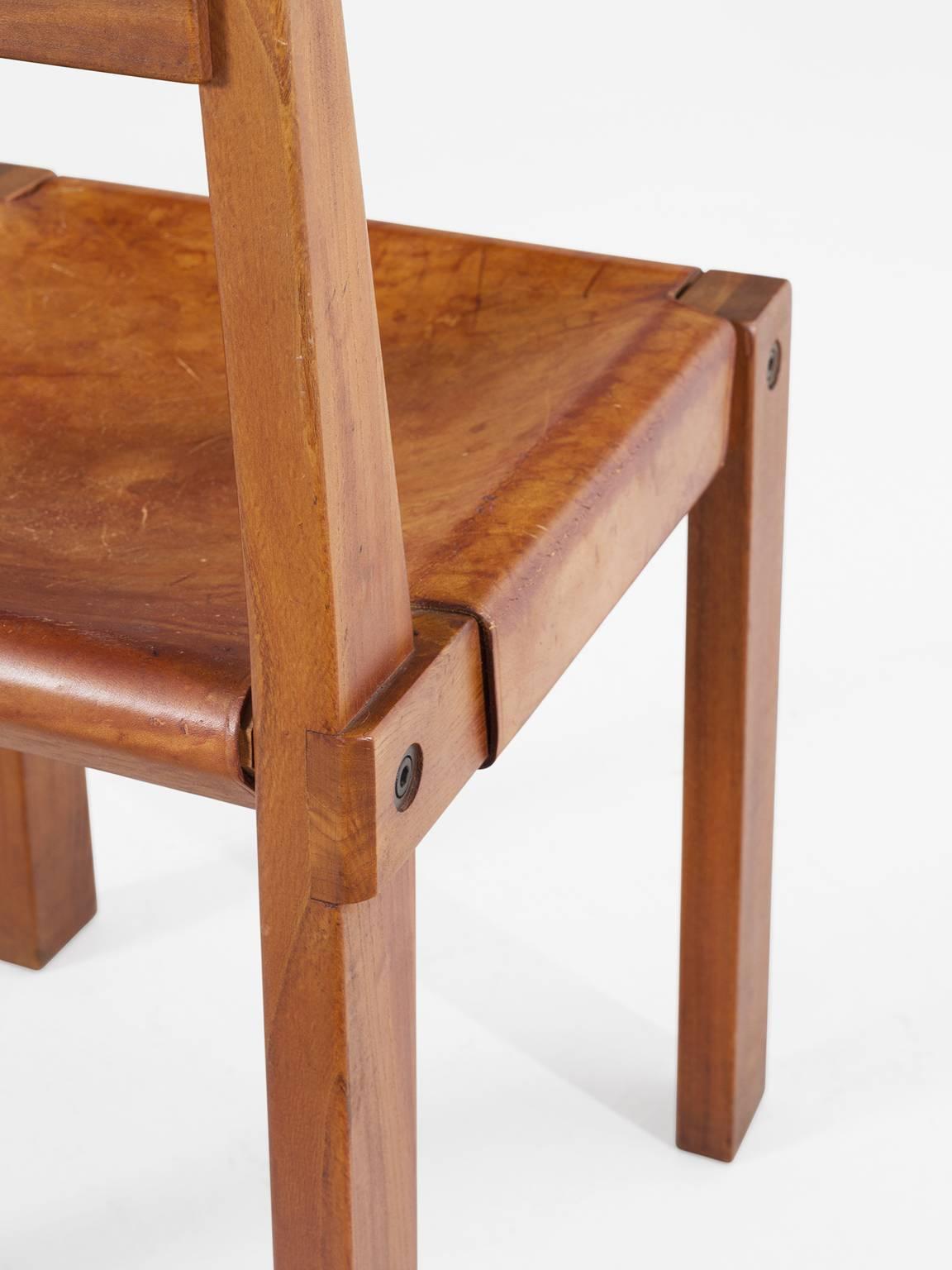 Mid-20th Century Pierre Chapo Set of 12 'S24' Dining Chairs in Elm and Patinated Cognac Leather