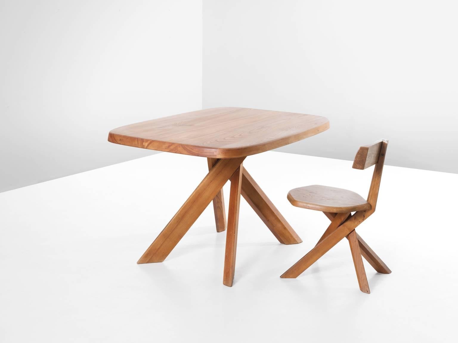 Mid-Century Modern Pierre Chapo Writing Table and Chair in Patinated Elm