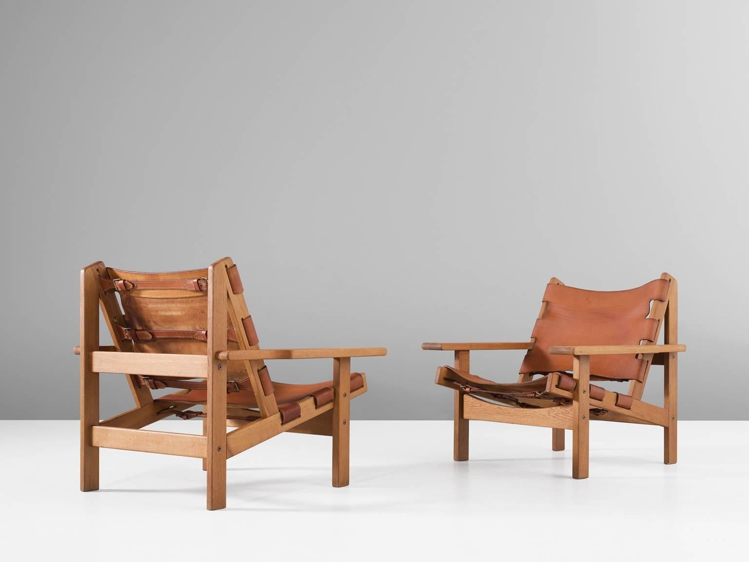 Danish Pair of Hunting Chairs in Solid Oak and Cognac Leather