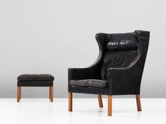 Børge Mogensen Wingback Chair and Ottoman in Black Leather