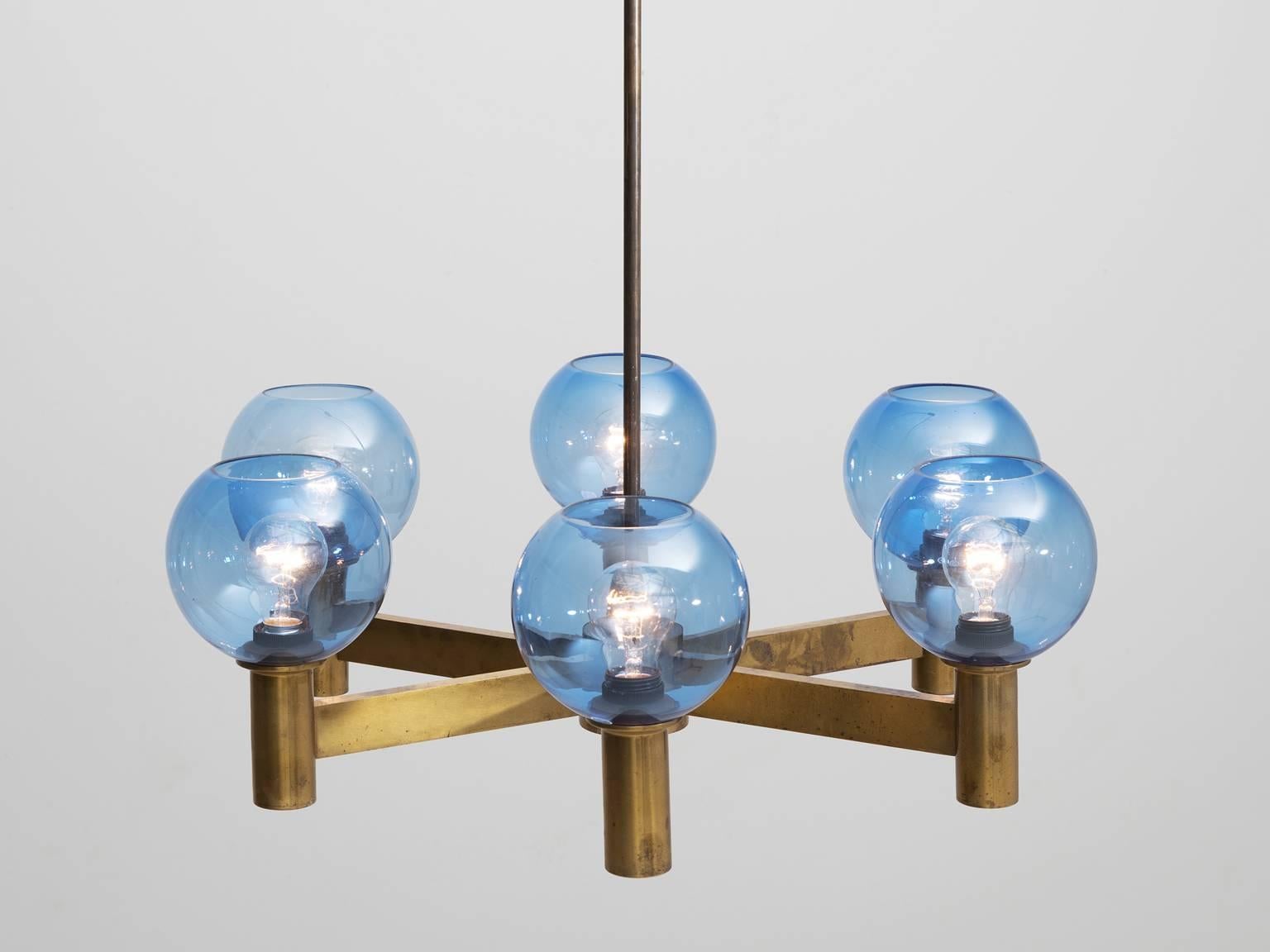 Mid-Century Modern Chandelier in Brass with Blue Colored Glass Shades