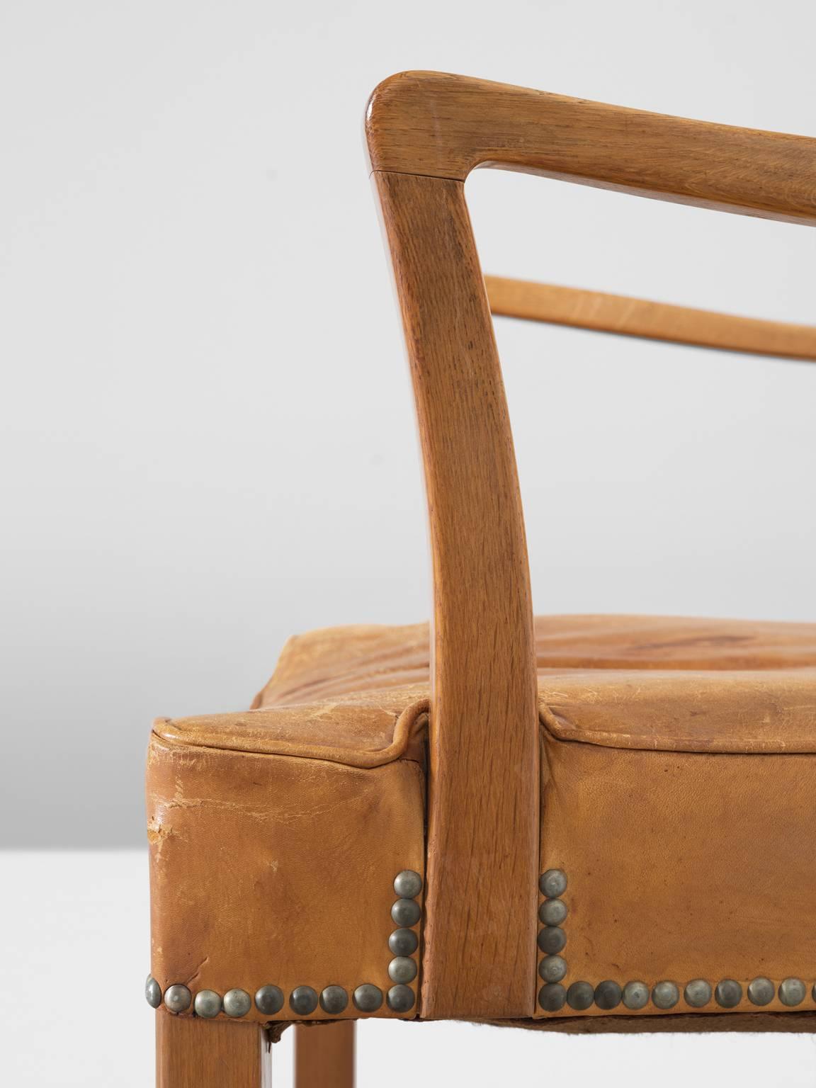 Brass Scandinavian Oak Armchair with Cognac Leather Upholstery