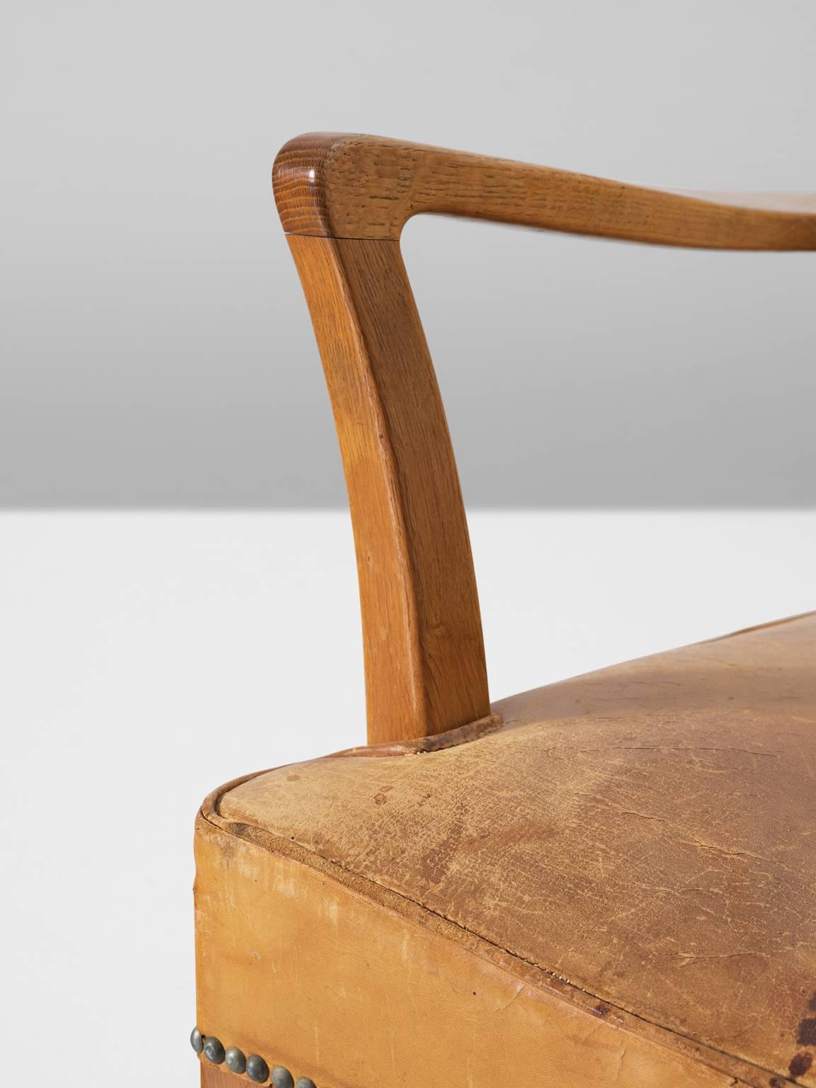 Scandinavian Oak Armchair with Cognac Leather Upholstery 1