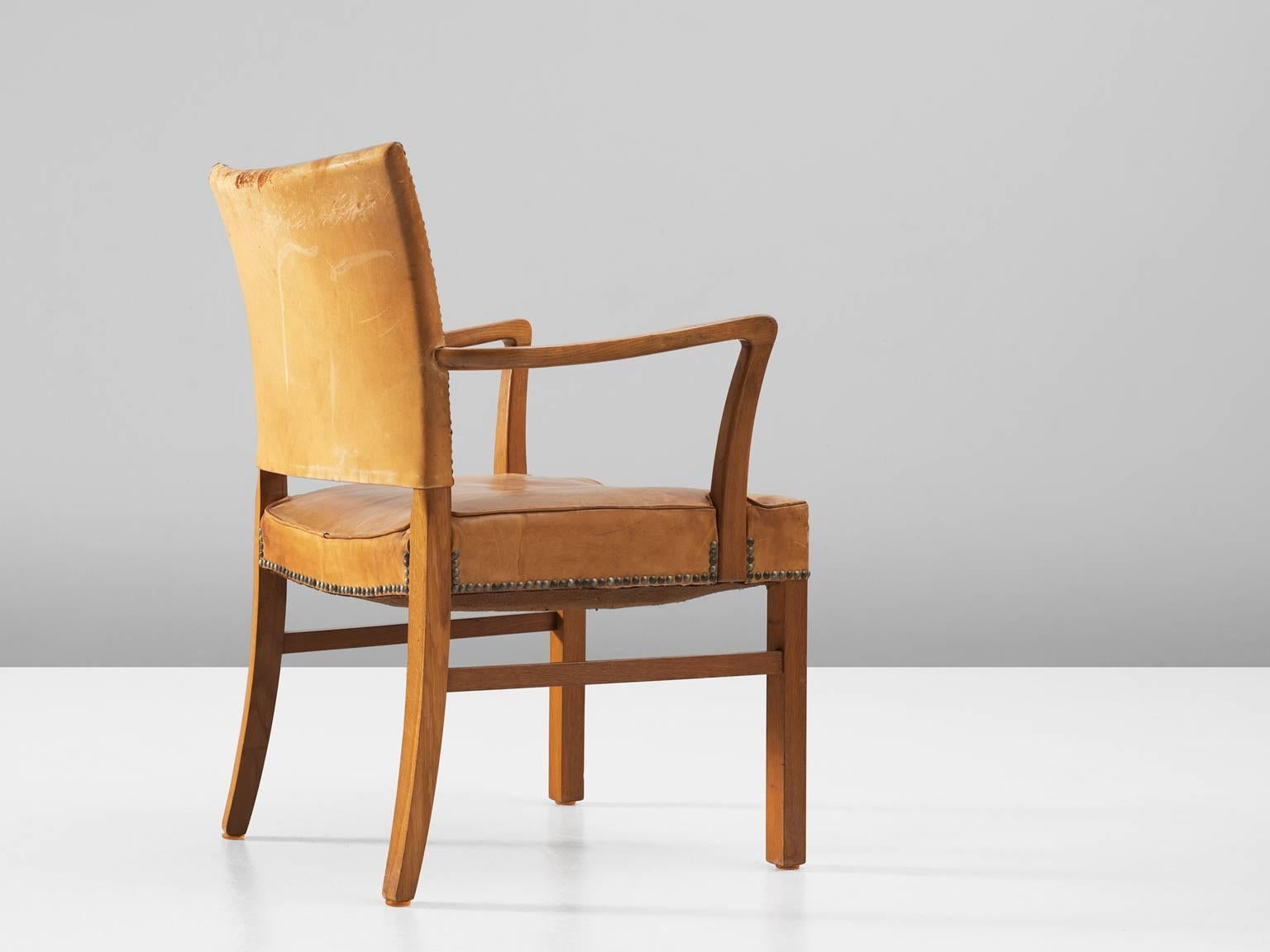 Mid-Century Modern Scandinavian Oak Armchair with Cognac Leather Upholstery