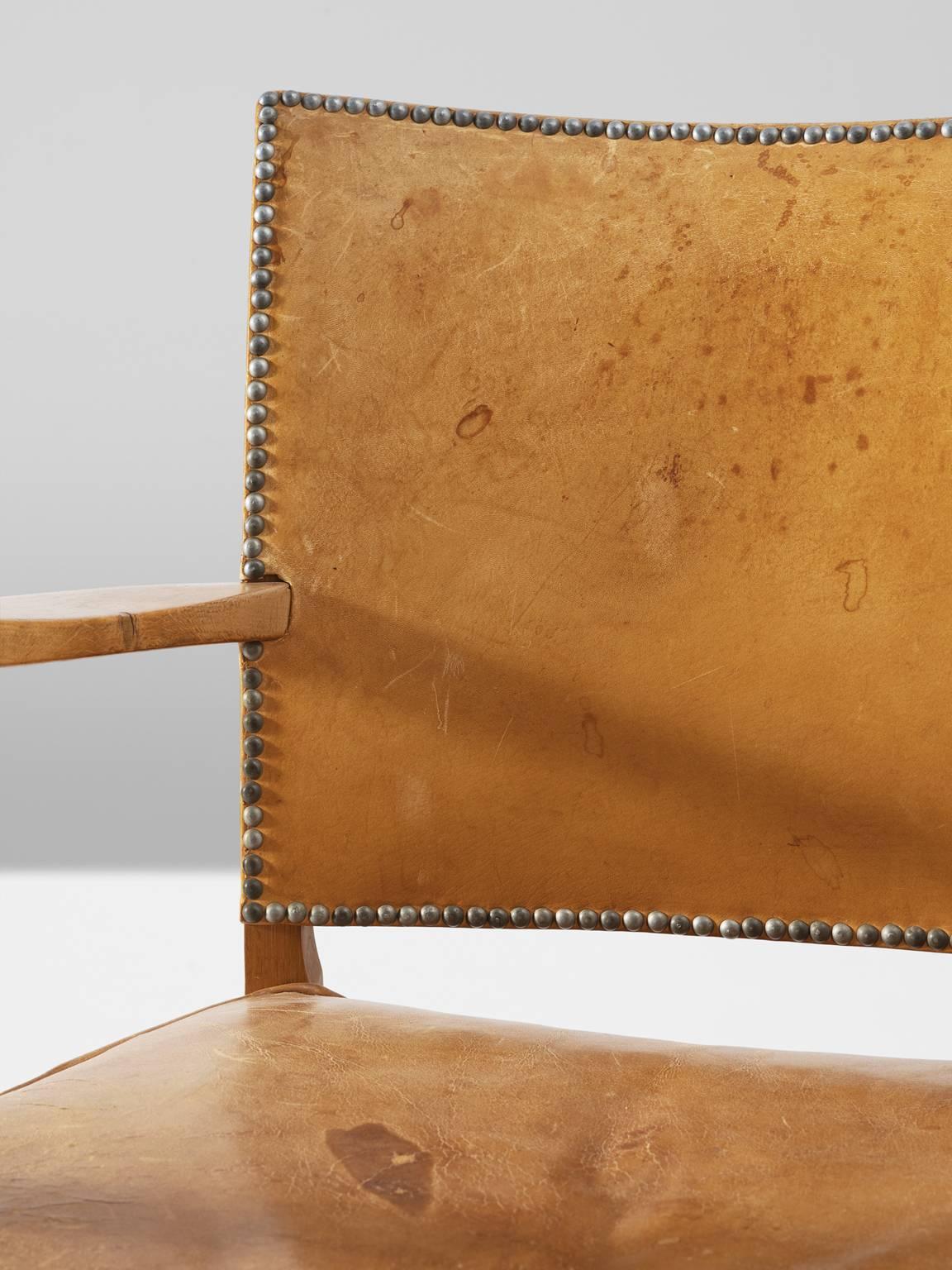 Scandinavian Oak Armchair with Cognac Leather Upholstery 2