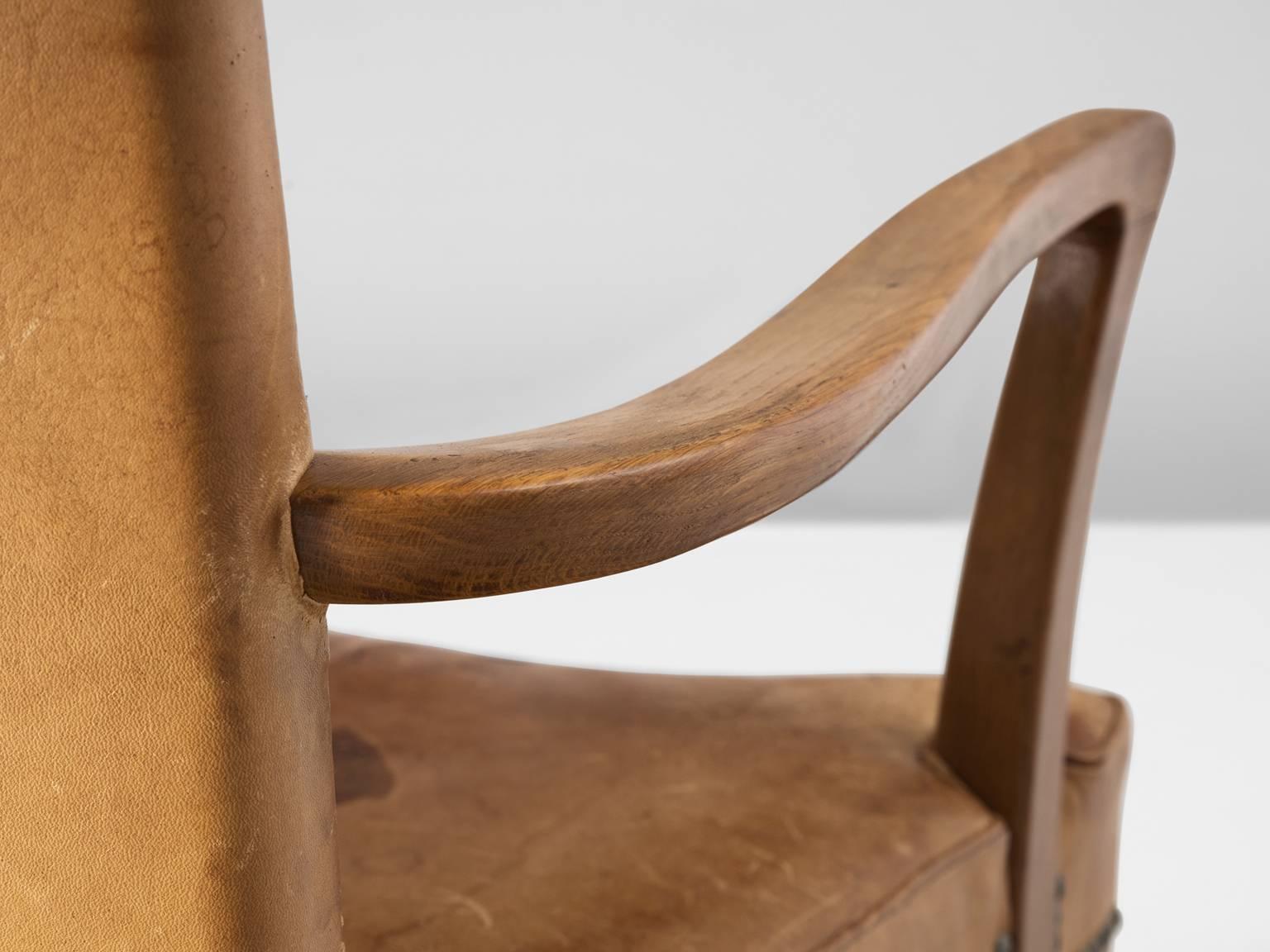 Mid-20th Century Scandinavian Oak Armchair with Cognac Leather Upholstery