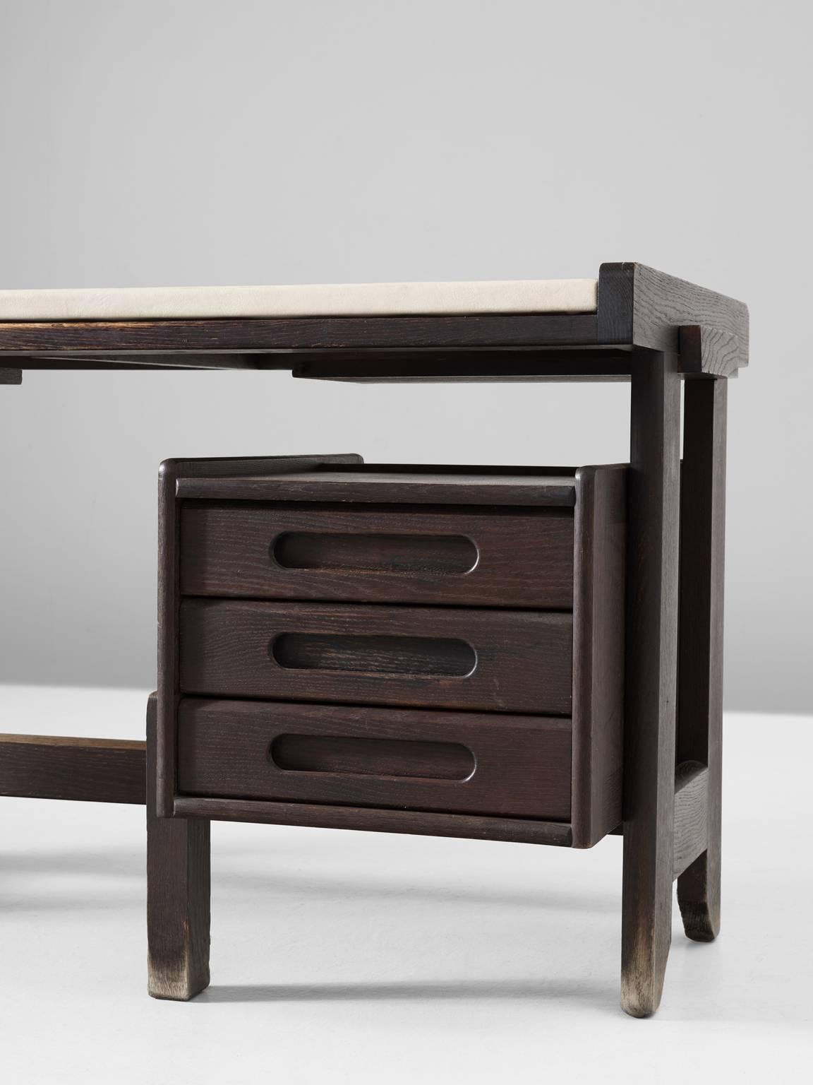 Faux Leather Guillerme et Chambron Dark Stained Oak Desk