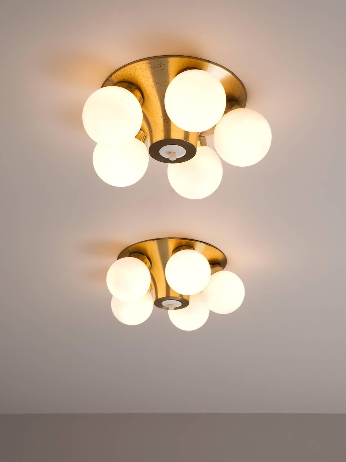 Mid-Century Modern Pair of Brass and Opaline Glass Ceiling Lights