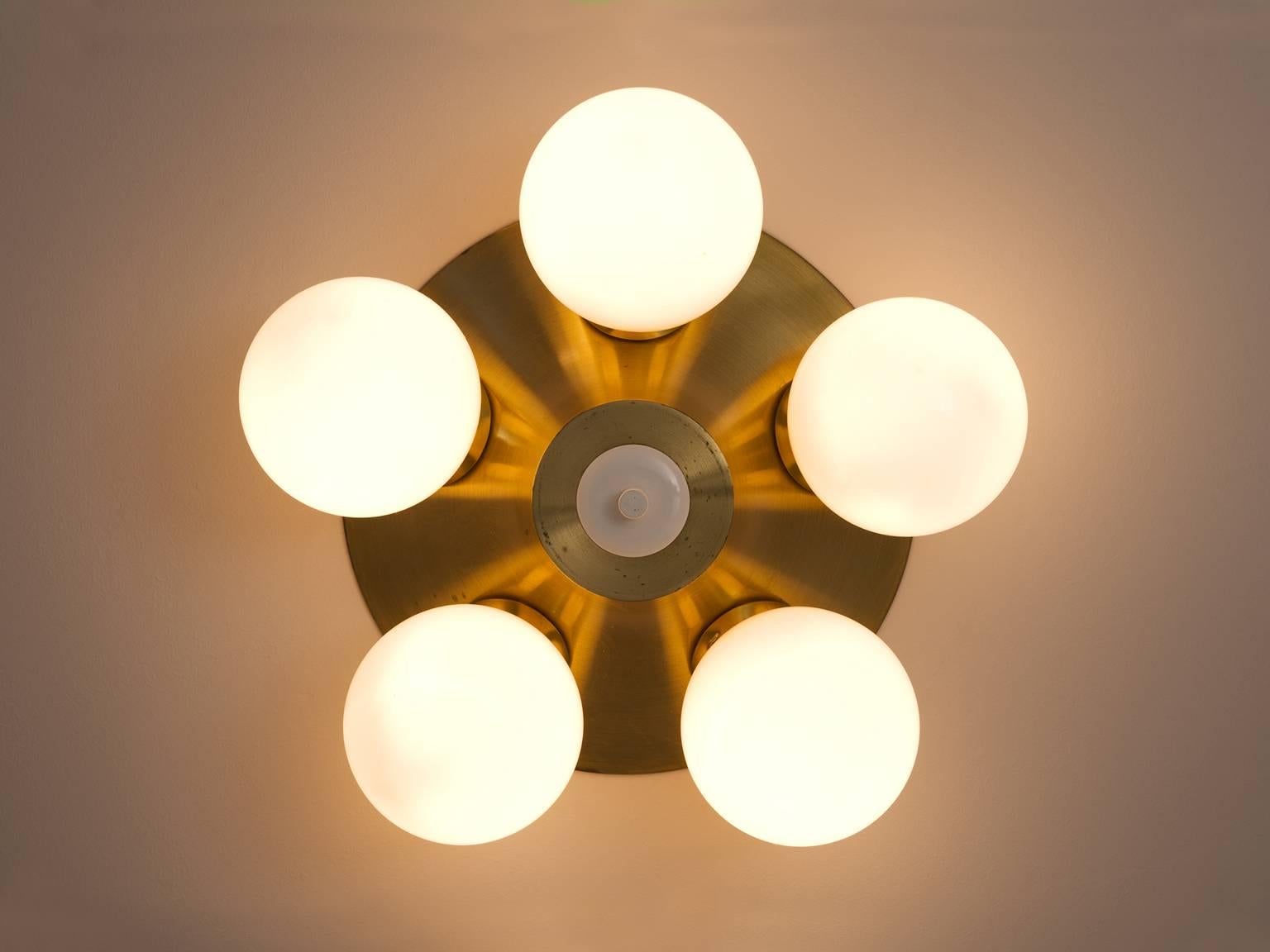 Late 20th Century Pair of Brass and Opaline Glass Ceiling Lights