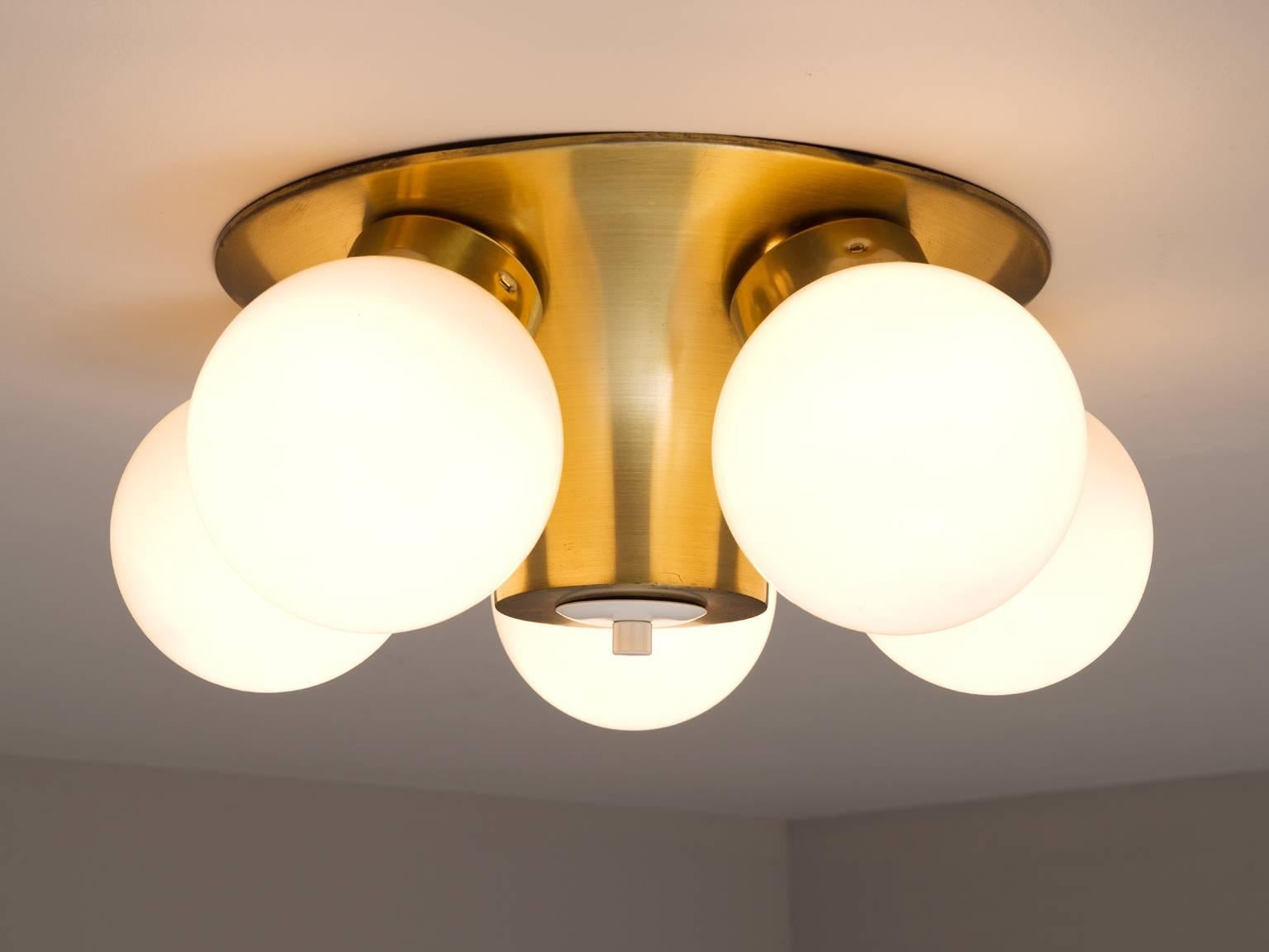 Pair of Brass and Opaline Glass Ceiling Lights In Excellent Condition In Waalwijk, NL