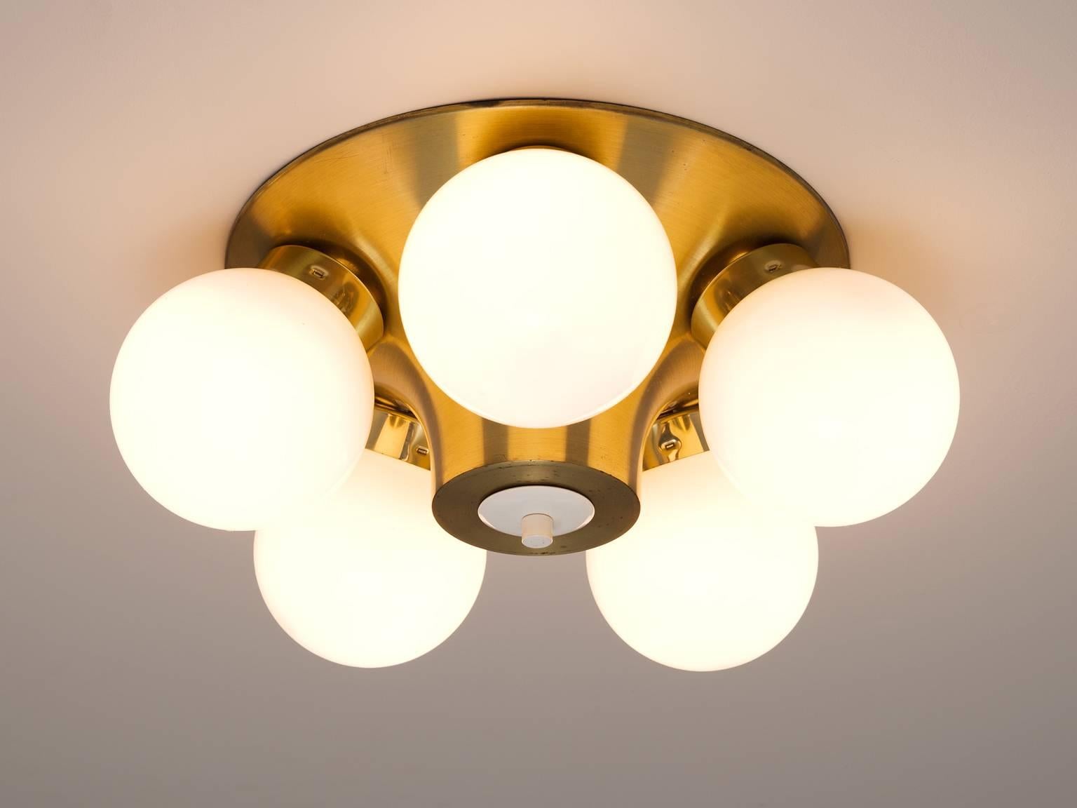 European Pair of Brass and Opaline Glass Ceiling Lights