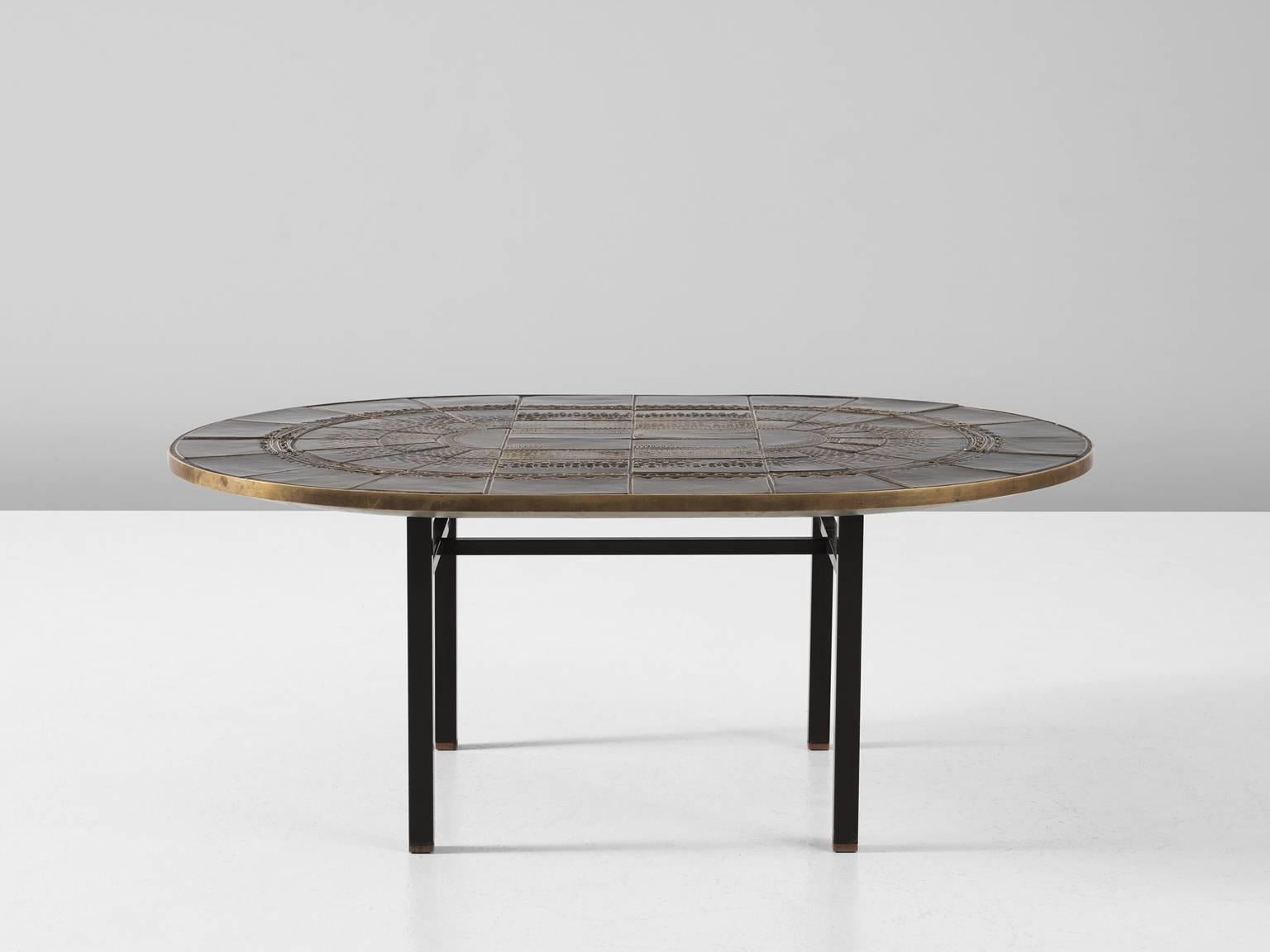Mid-Century Modern Scandinavian Oval Cocktail Table with Ceramic Tiles and Brass