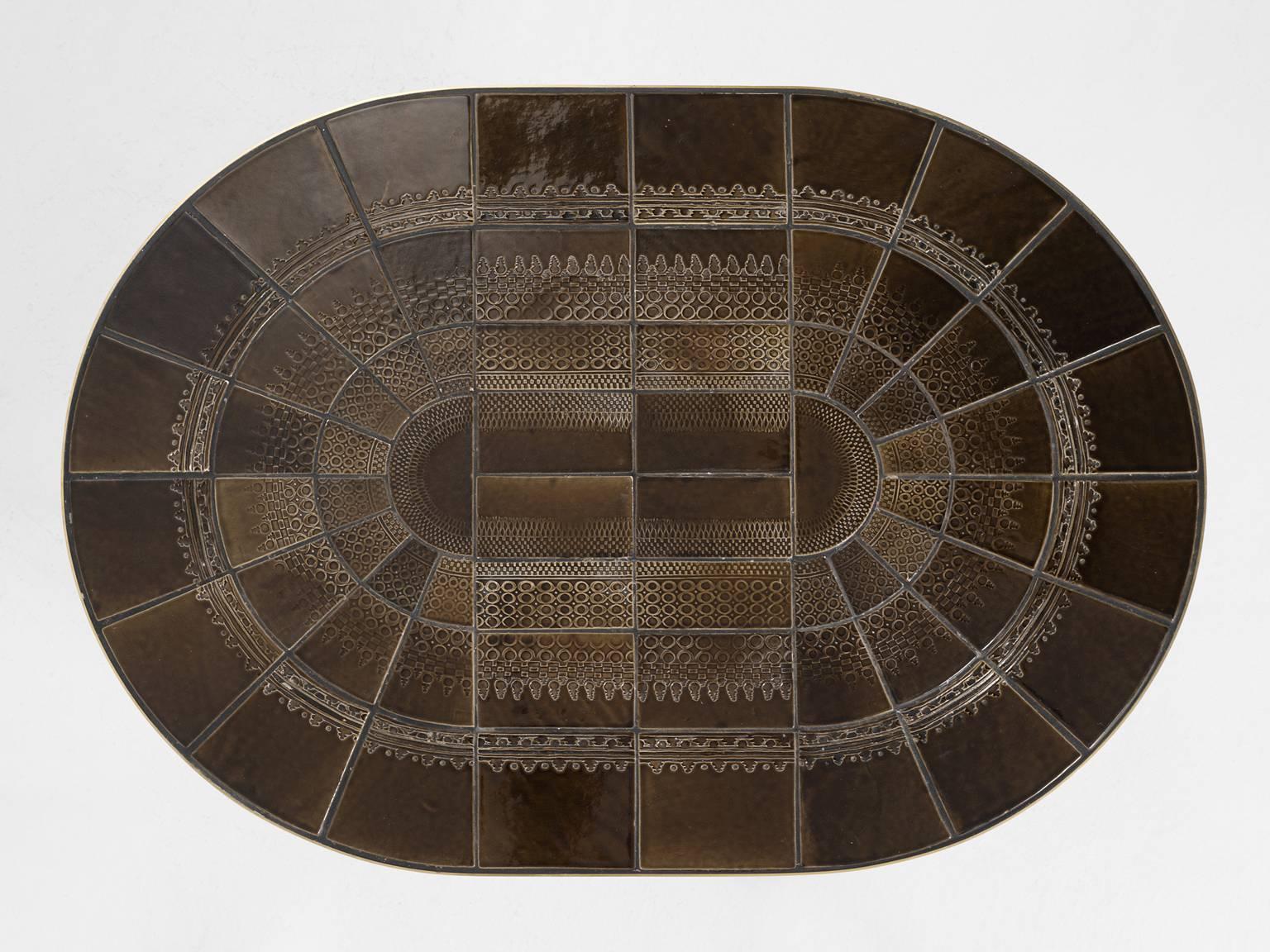 Scandinavian Oval Cocktail Table with Ceramic Tiles and Brass In Excellent Condition In Waalwijk, NL