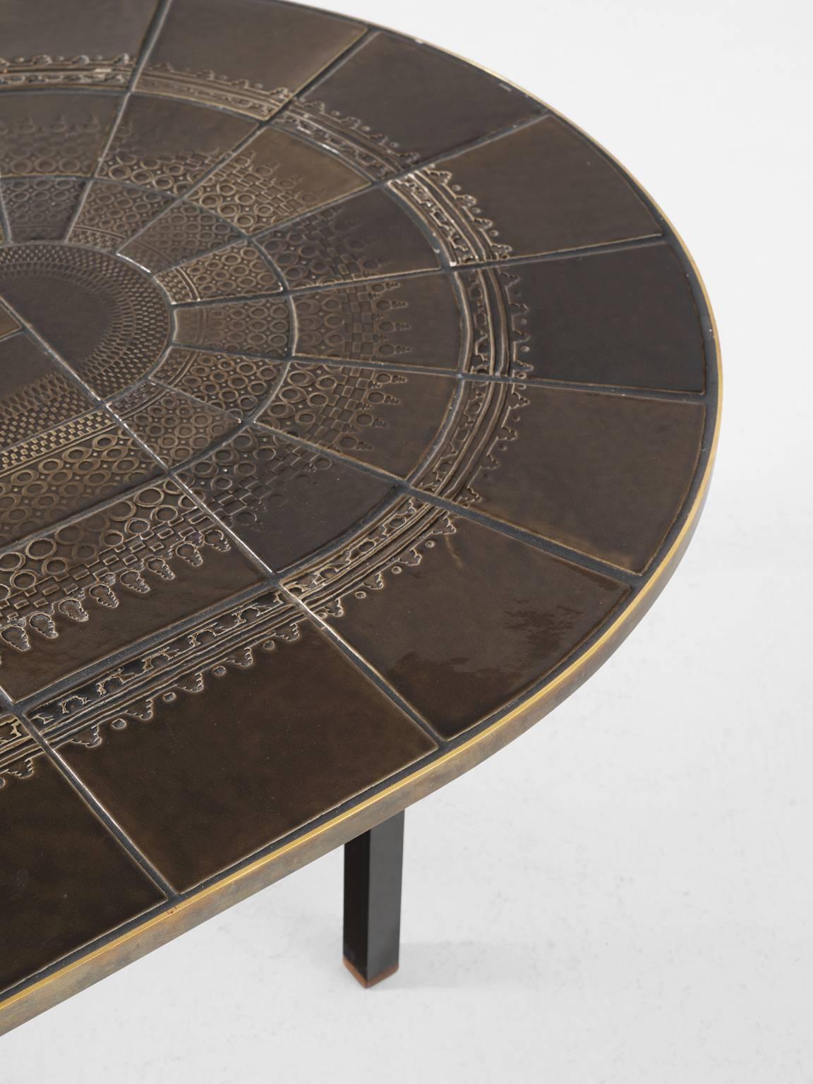 Mid-20th Century Scandinavian Oval Cocktail Table with Ceramic Tiles and Brass