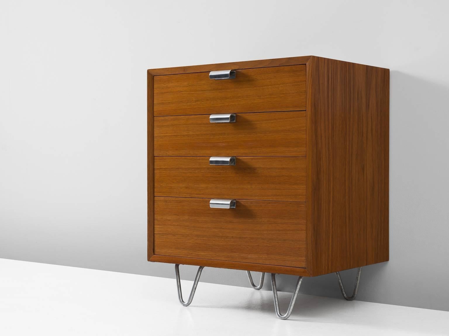 Dresser, in teak and metal, by George Nelson for Herman Miller, United States, 1950s.

Small four-drawer cabinet by designer George Nelson. The design of this dresser is simplistic, yet highly effective. With just the right details, this small