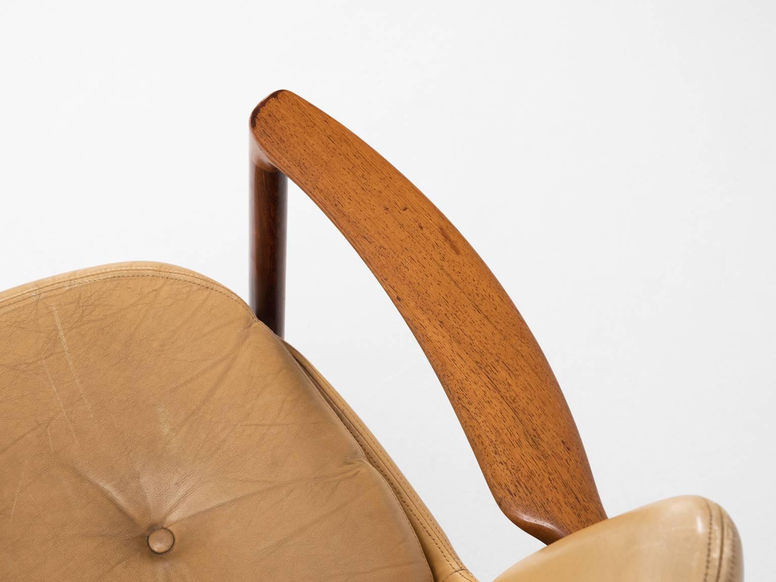 Mid-20th Century Ib Kofod-Larsen Set of Six Armchairs in Rosewood and Natural Leather