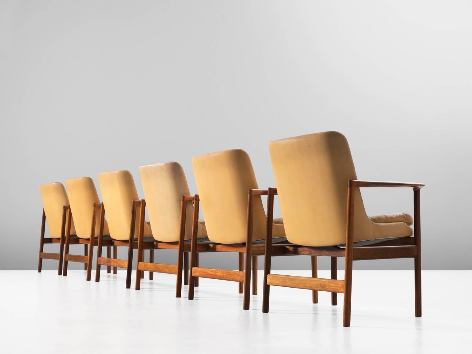 Danish Ib Kofod-Larsen Set of Six Armchairs in Rosewood and Natural Leather