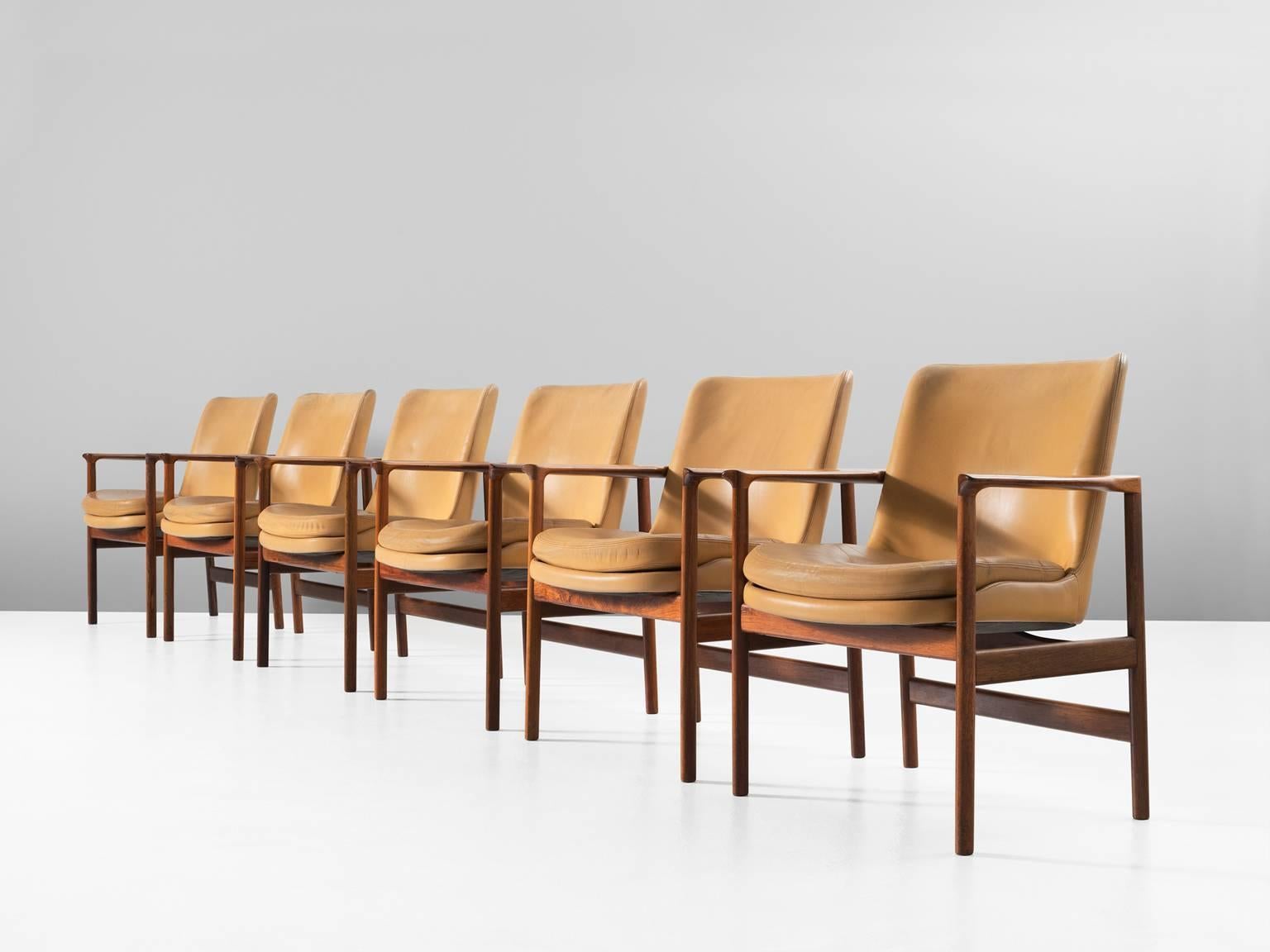 Mid-Century Modern Ib Kofod-Larsen Set of Six Armchairs in Rosewood and Natural Leather
